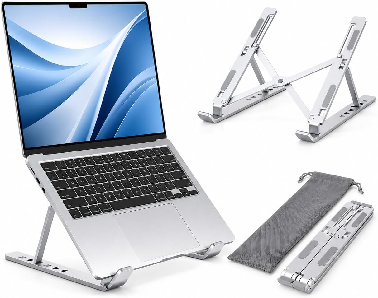 [Heavy-Duty Aluminum] OELUN Laptop Stand, Adjustable 7 Angles, Sturdy Foldable Laptop Riser, Ergonomic Eye-Level Stand, Stable Anti-Slip Cooling Holder for MacBook, Dell, HP (Up to thumbnail 1