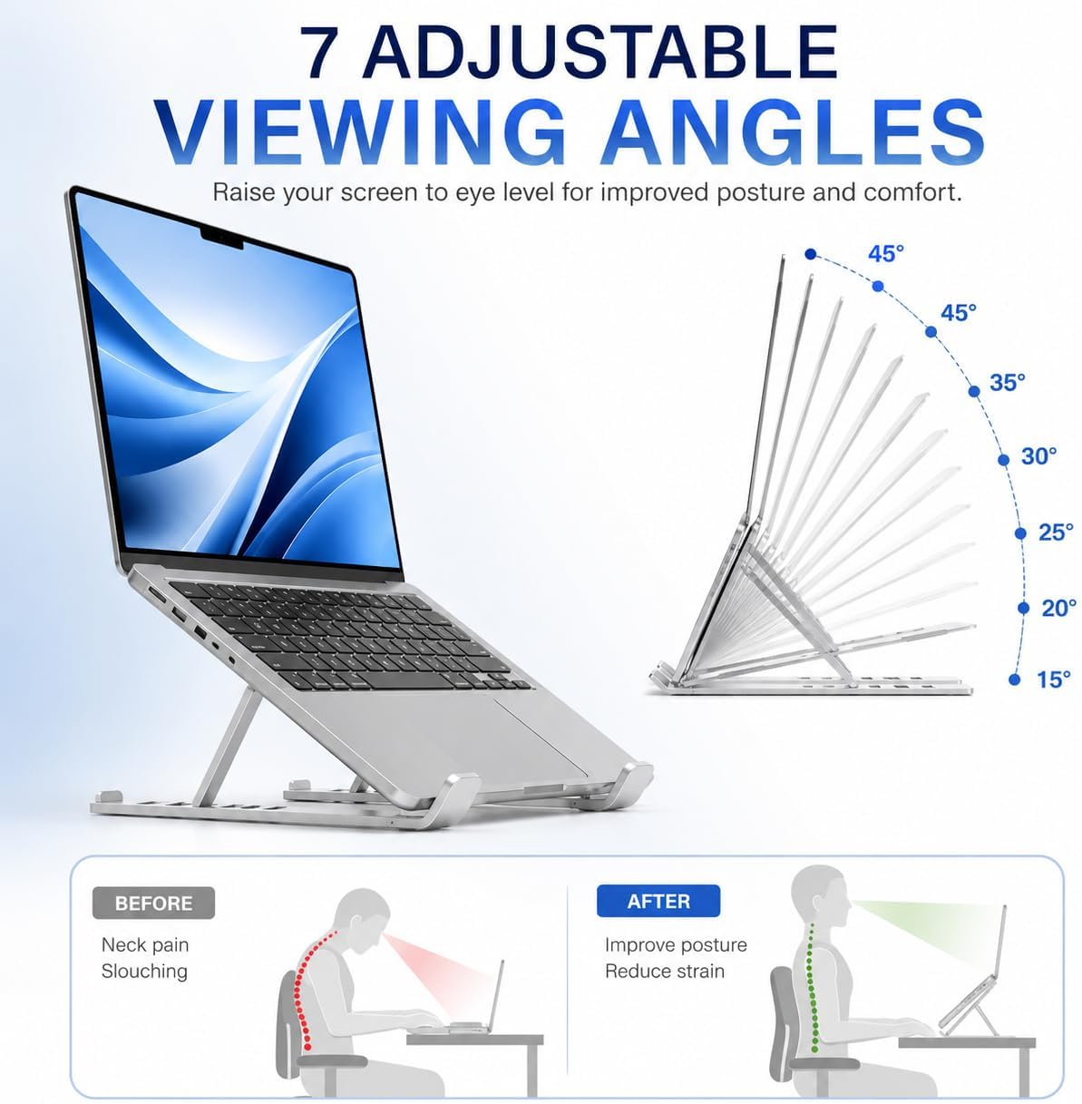 [Heavy-Duty Aluminum] OELUN Laptop Stand, Adjustable 7 Angles, Sturdy Foldable Laptop Riser, Ergonomic Eye-Level Stand, Stable Anti-Slip Cooling Holder for MacBook, Dell, HP (Up to thumbnail 2
