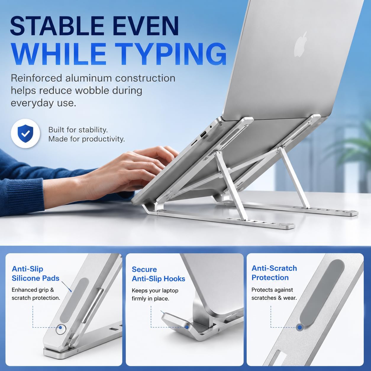 [Heavy-Duty Aluminum] OELUN Laptop Stand, Adjustable 7 Angles, Sturdy Foldable Laptop Riser, Ergonomic Eye-Level Stand, Stable Anti-Slip Cooling Holder for MacBook, Dell, HP (Up to thumbnail 3