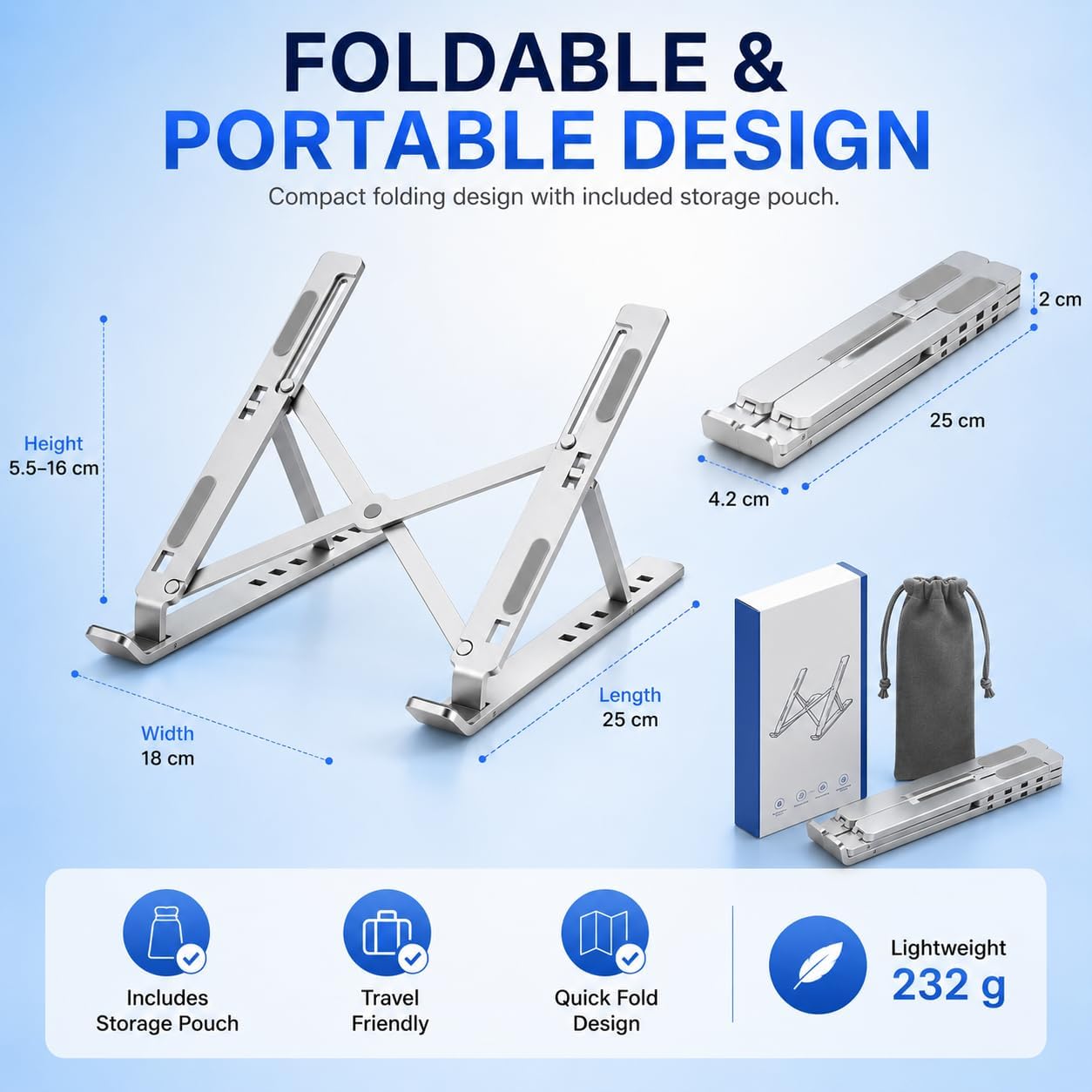 [Heavy-Duty Aluminum] OELUN Laptop Stand, Adjustable 7 Angles, Sturdy Foldable Laptop Riser, Ergonomic Eye-Level Stand, Stable Anti-Slip Cooling Holder for MacBook, Dell, HP (Up to thumbnail 5