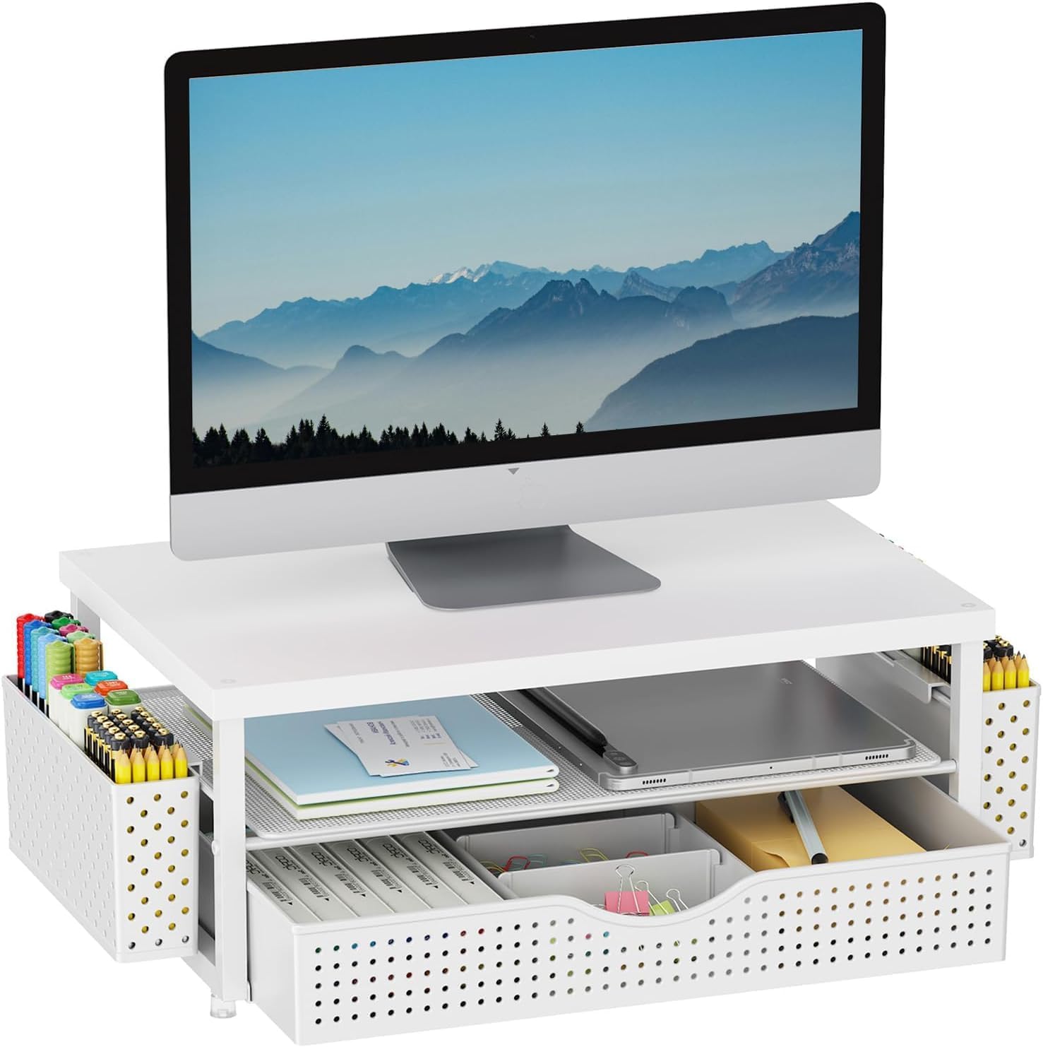 gianotter Desk Organizers and Accessories, Monitor Stand with Drawer and 2 Pen Holder, Desktop Organizer Suitable for Offices and Dormitories (White-Plain) thumbnail 1