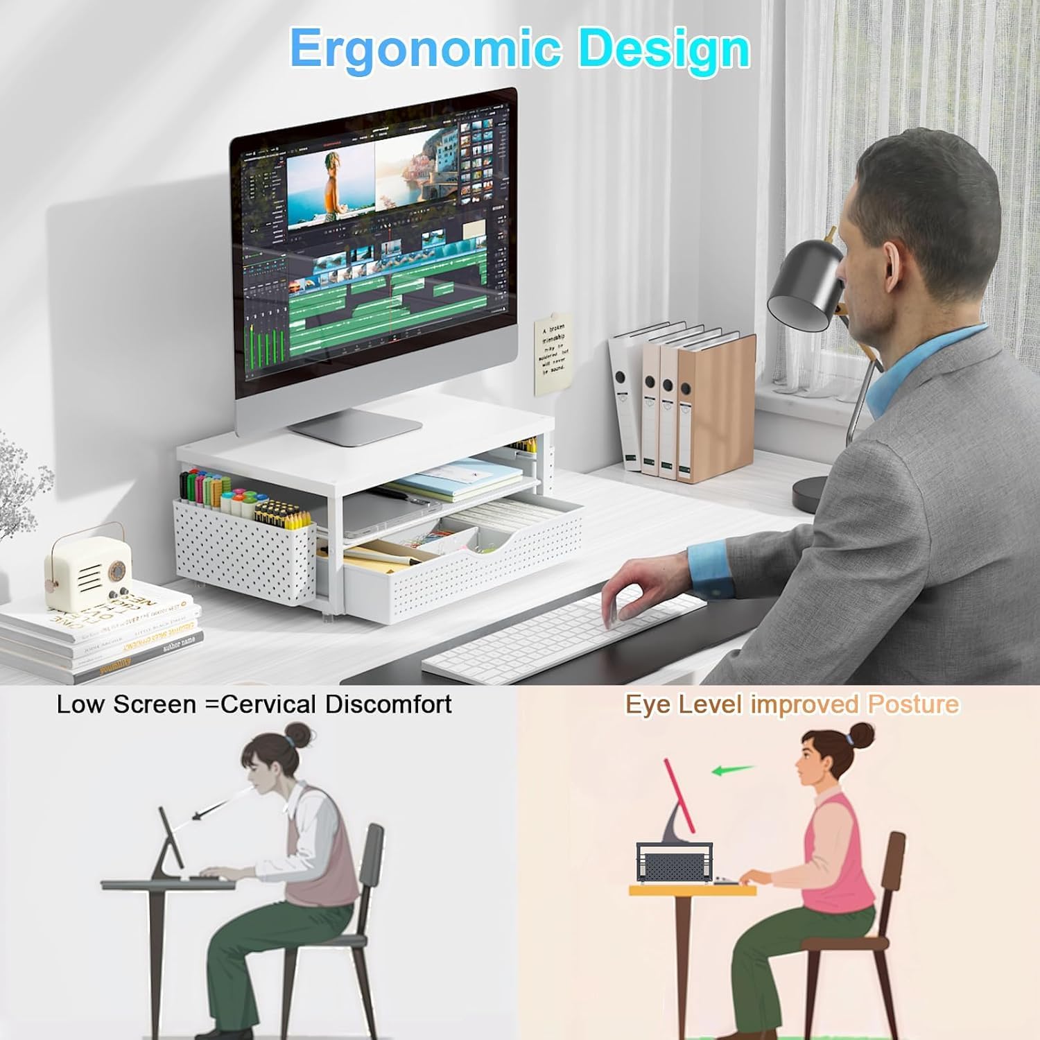 gianotter Desk Organizers and Accessories, Monitor Stand with Drawer and 2 Pen Holder, Desktop Organizer Suitable for Offices and Dormitories (White-Plain) thumbnail 2