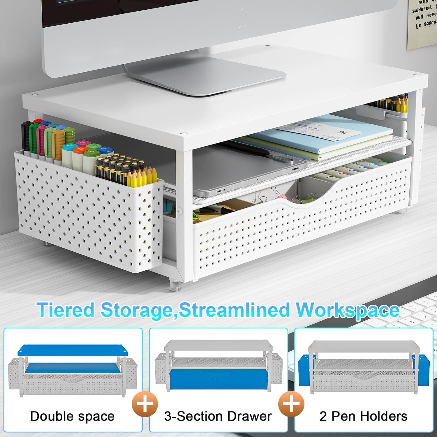 gianotter Desk Organizers and Accessories, Monitor Stand with Drawer and 2 Pen Holder, Desktop Organizer Suitable for Offices and Dormitories (White-Plain) thumbnail 3