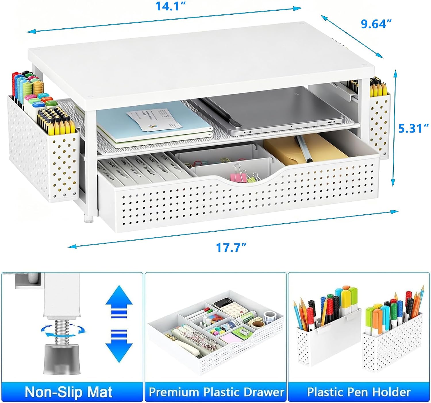 gianotter Desk Organizers and Accessories, Monitor Stand with Drawer and 2 Pen Holder, Desktop Organizer Suitable for Offices and Dormitories (White-Plain) thumbnail 5