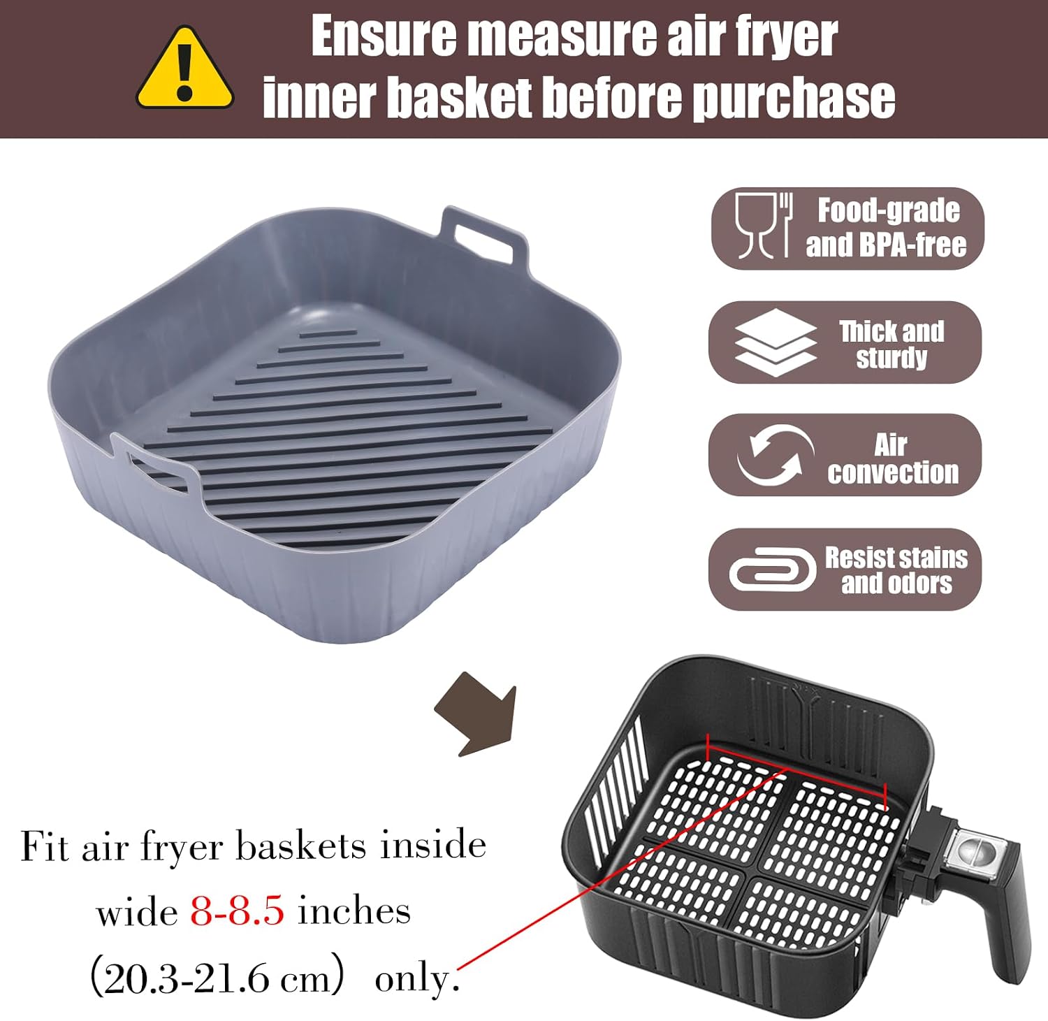 Golden Associate Silicone Liners Square for 8 to 8.5 In Air Fryer, 2 Pcs Non-stick Food-grade Reusable Silicone Pot Baking Tray Airfryer Accessories thumbnail 2