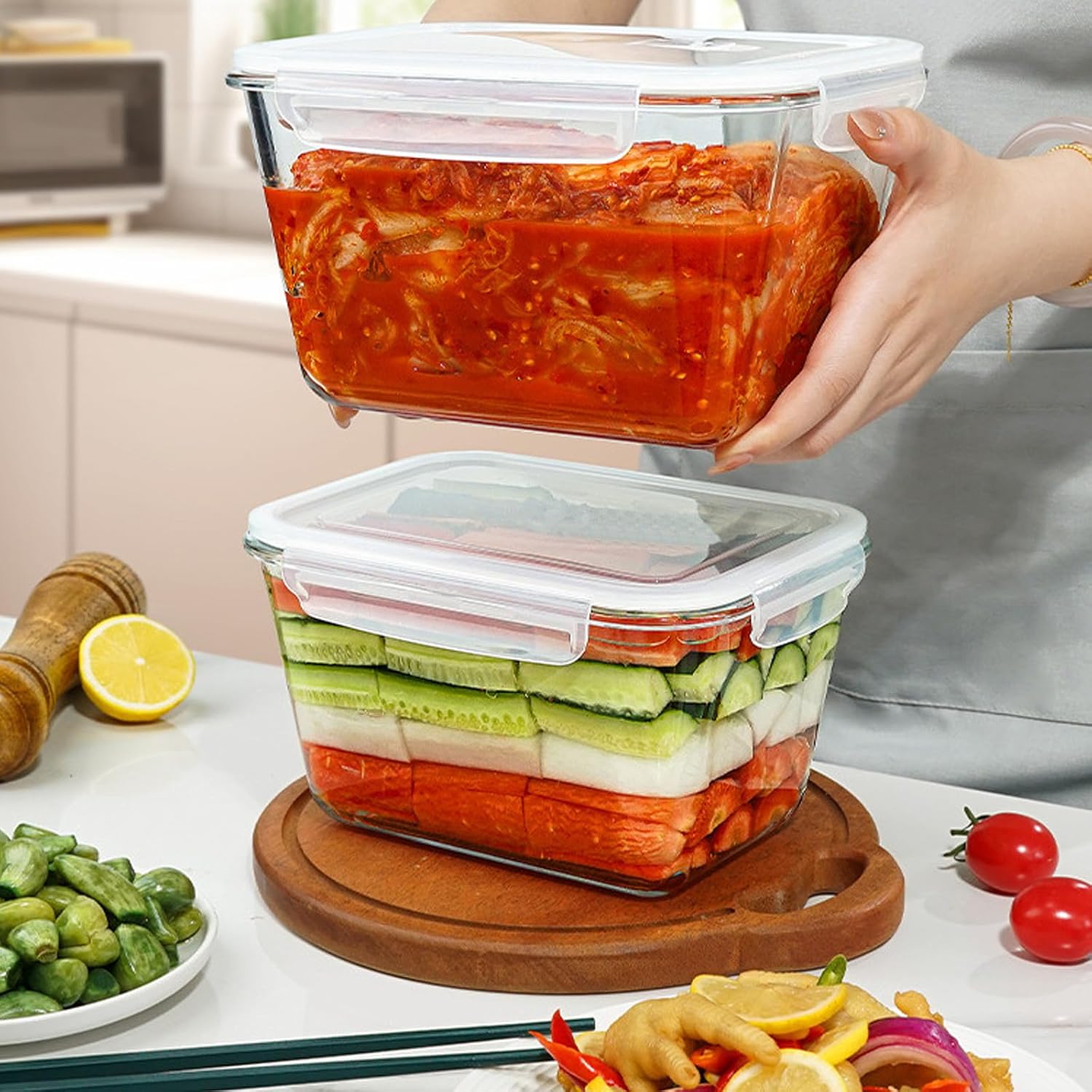 2 Pack Large Glass Storage Containers with Lids 85oz/10.5cup Big Airtight Glass Food Storage Containers for Rotisserie Chicken Watermelon Meal Prep, BPA Free, Freezer Dishwasher Ov