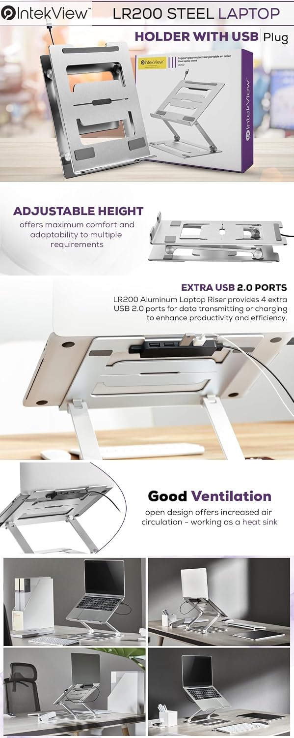 Steel Laptop Holder with USB Ports - Ergonomic, Adjustable and Foldable thumbnail 1