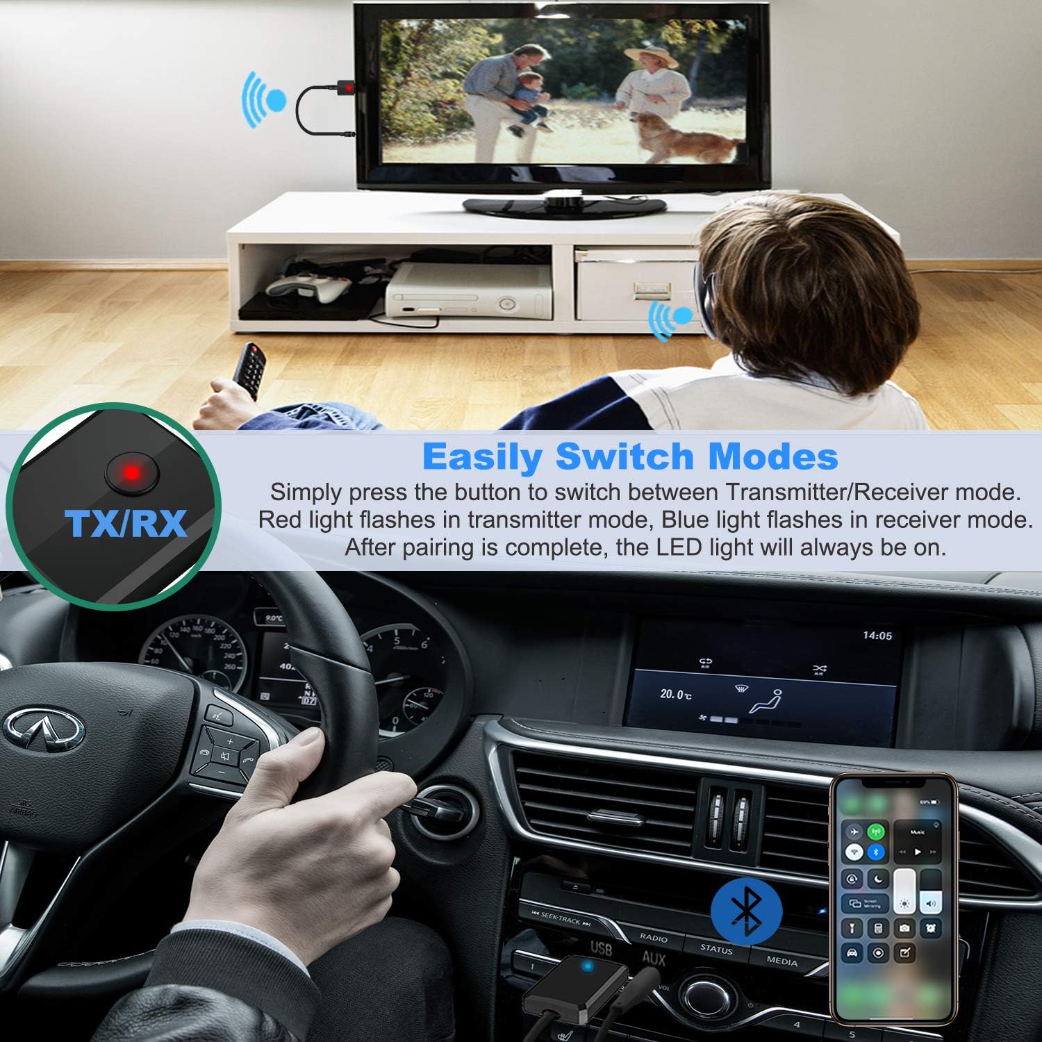 Isobel USB Bluetooth 5.0 Transmitter Receiver, 4-in-1 Mini Wireless Audio Adapter, 3.5mm Bluetooth AUX Adapter for TV PC Headphones Speakers Car/Home Stereo System, USB Power Suppl