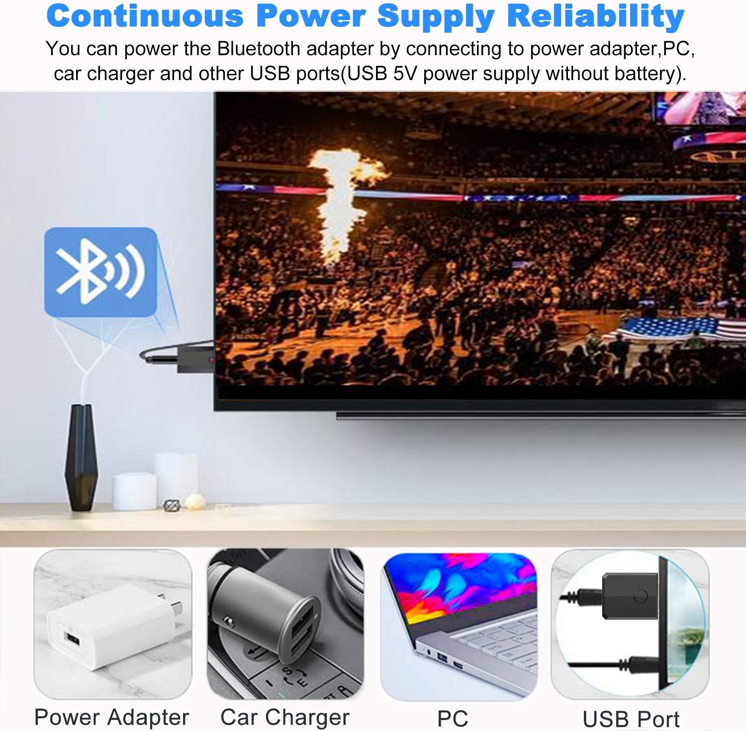 Isobel USB Bluetooth 5.0 Transmitter Receiver, 4-in-1 Mini Wireless Audio Adapter, 3.5mm Bluetooth AUX Adapter for TV PC Headphones Speakers Car/Home Stereo System, USB Power Suppl