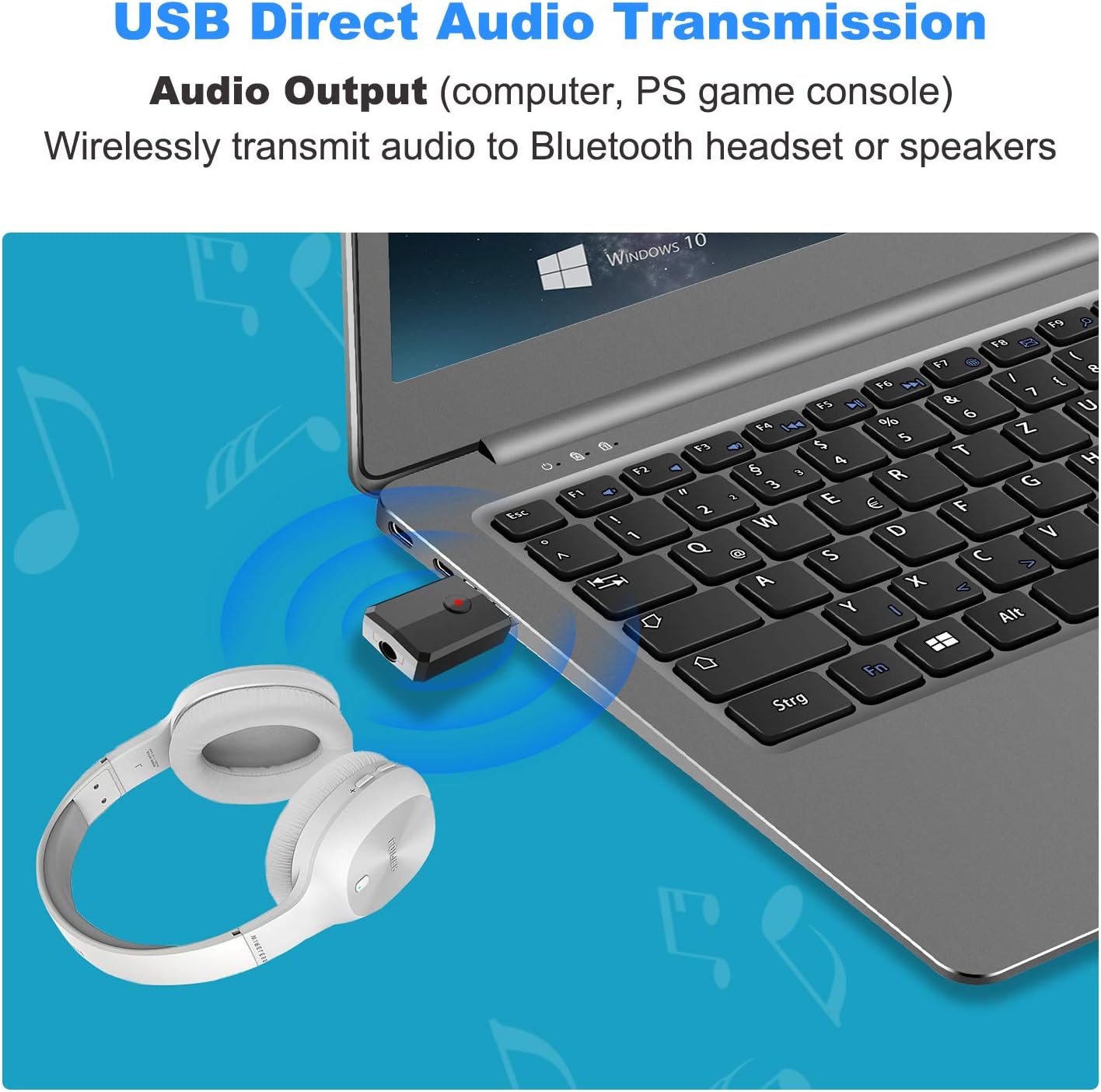 Isobel USB Bluetooth 5.0 Transmitter Receiver, 4-in-1 Mini Wireless Audio Adapter, 3.5mm Bluetooth AUX Adapter for TV PC Headphones Speakers Car/Home Stereo System, USB Power Suppl