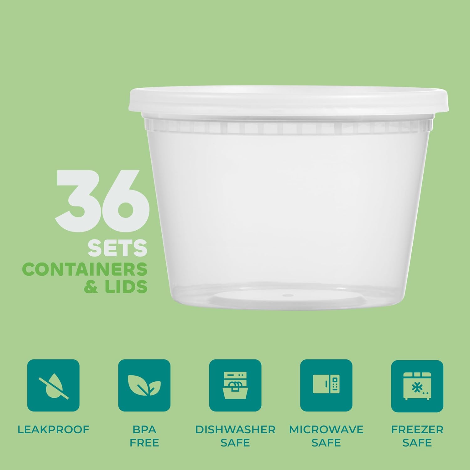 16 Oz Deli Food Containers with Lids - (36 Sets) Airtight Food Storage Takeout Meal Prep Containers To Go with 36 Lids, BPA-Free, Dishwasher, Microwave Safe thumbnail 3