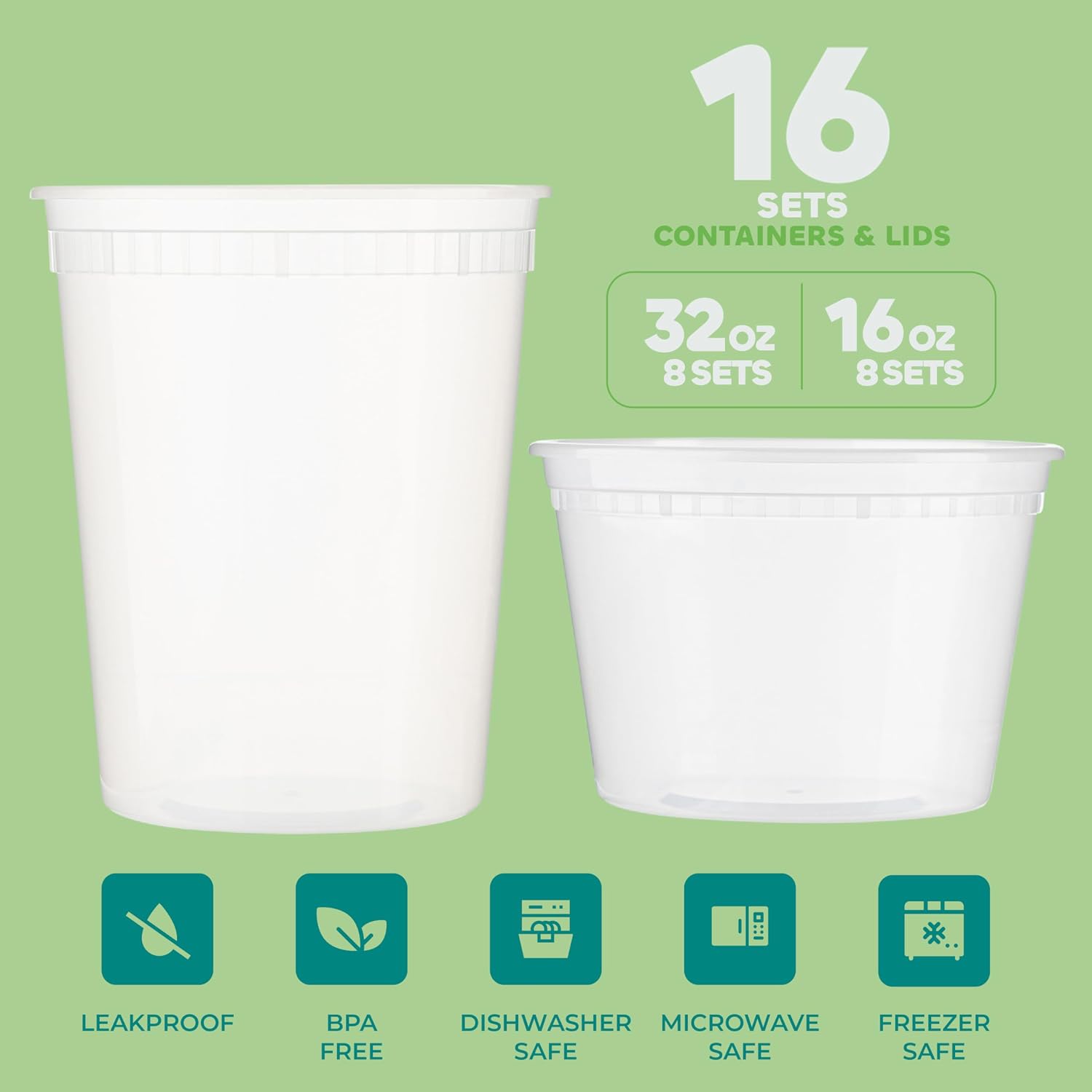Deli Food Containers with Lids - (16 Sets) 8-32 Oz Quart Size & 8-16 Oz Pint Size Airtight Food Storage Takeout Meal Prep Containers, BPA-Free, Dishwasher, Microwave Safe thumbnail 2