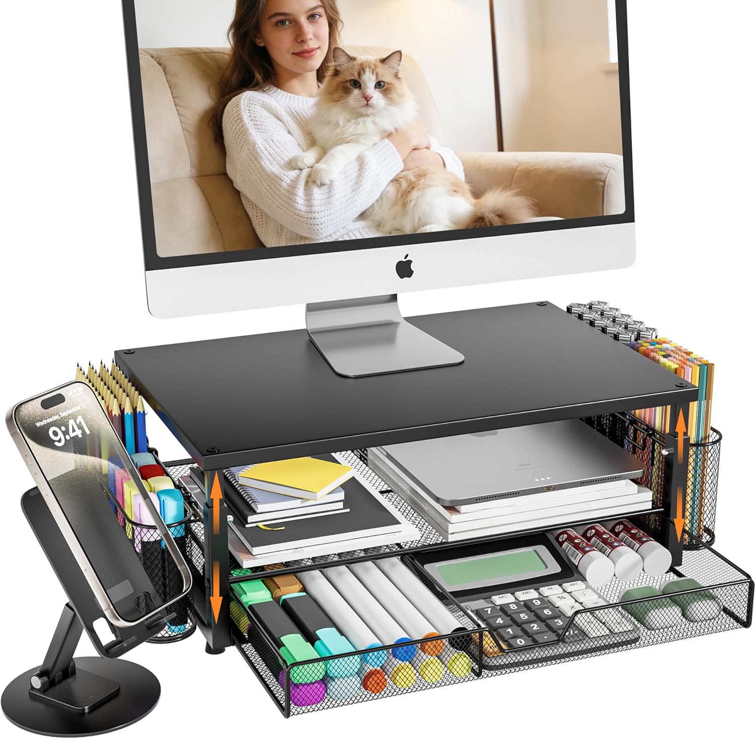 Desk Organizer and Accessories with Cellphone Holder, Height Adjustable 2-Tier Computer Monitor Stand Riser with Drawer and 2 Pen Holders,Office Desk Accessories for Office Supplie thumbnail 1