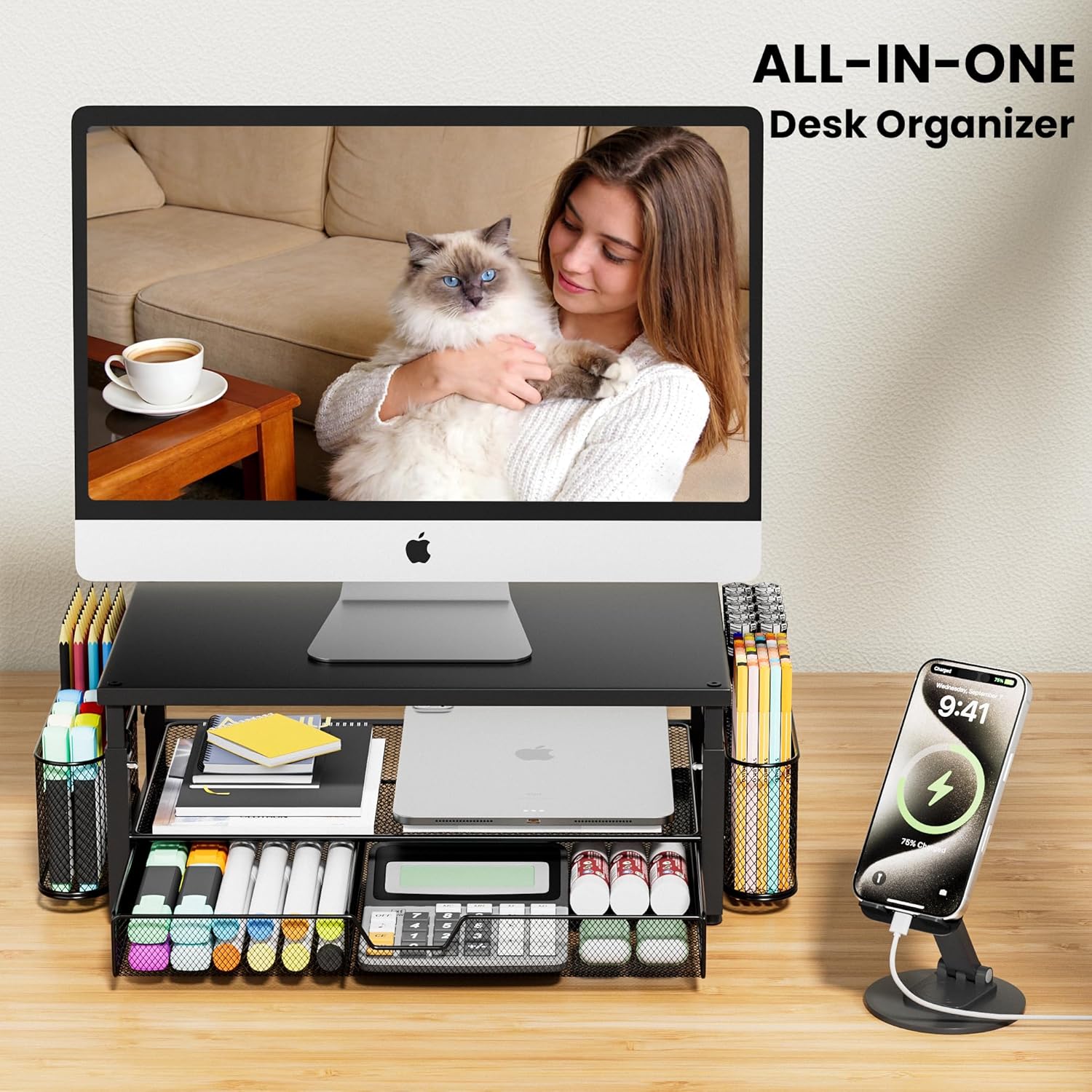 Desk Organizer and Accessories with Cellphone Holder, Height Adjustable 2-Tier Computer Monitor Stand Riser with Drawer and 2 Pen Holders,Office Desk Accessories for Office Supplie thumbnail 2