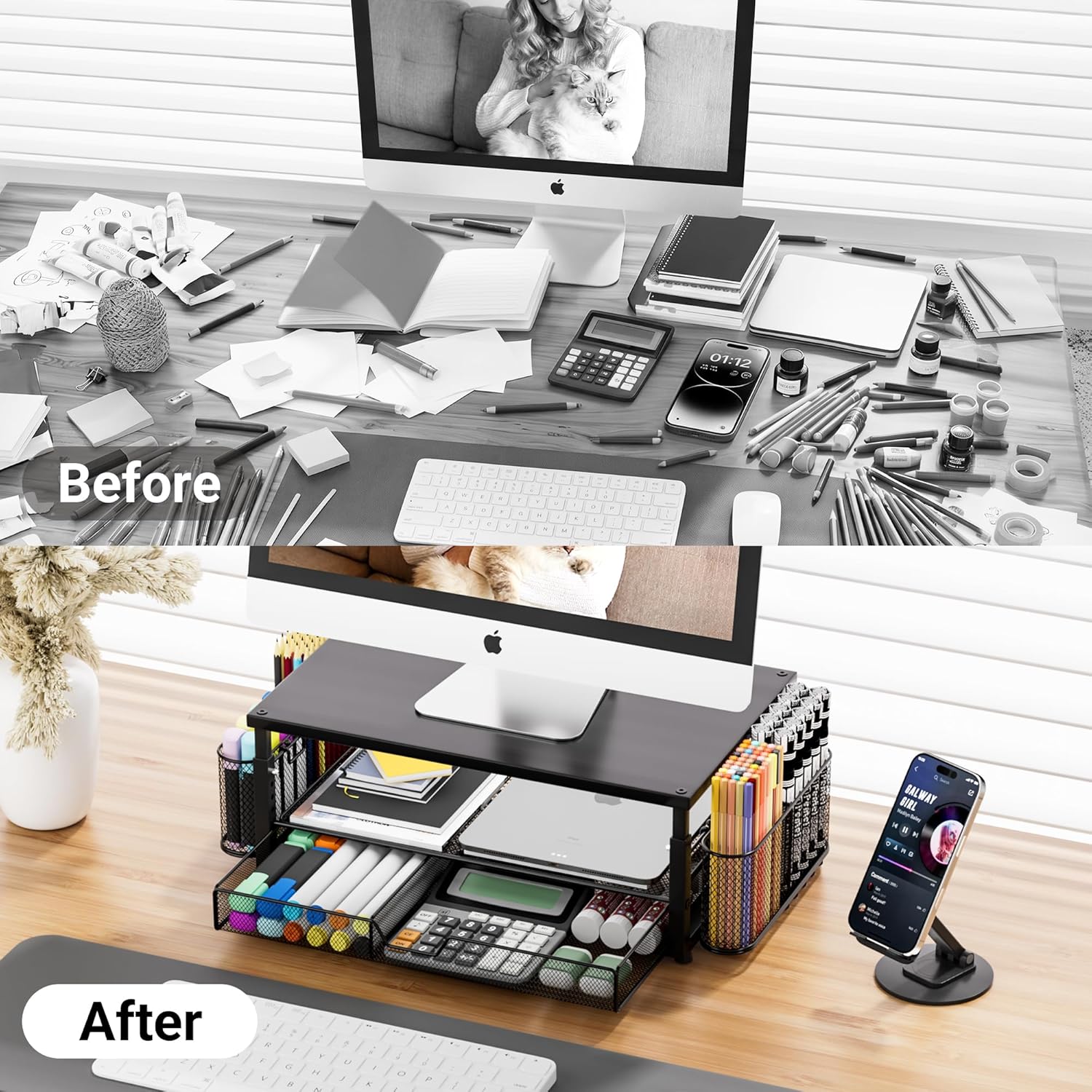 Desk Organizer and Accessories with Cellphone Holder, Height Adjustable 2-Tier Computer Monitor Stand Riser with Drawer and 2 Pen Holders,Office Desk Accessories for Office Supplie thumbnail 3