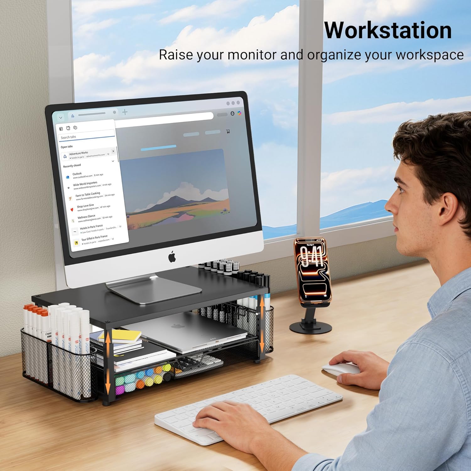 Desk Organizer and Accessories with Cellphone Holder, Height Adjustable 2-Tier Computer Monitor Stand Riser with Drawer and 2 Pen Holders,Office Desk Accessories for Office Supplie thumbnail 4