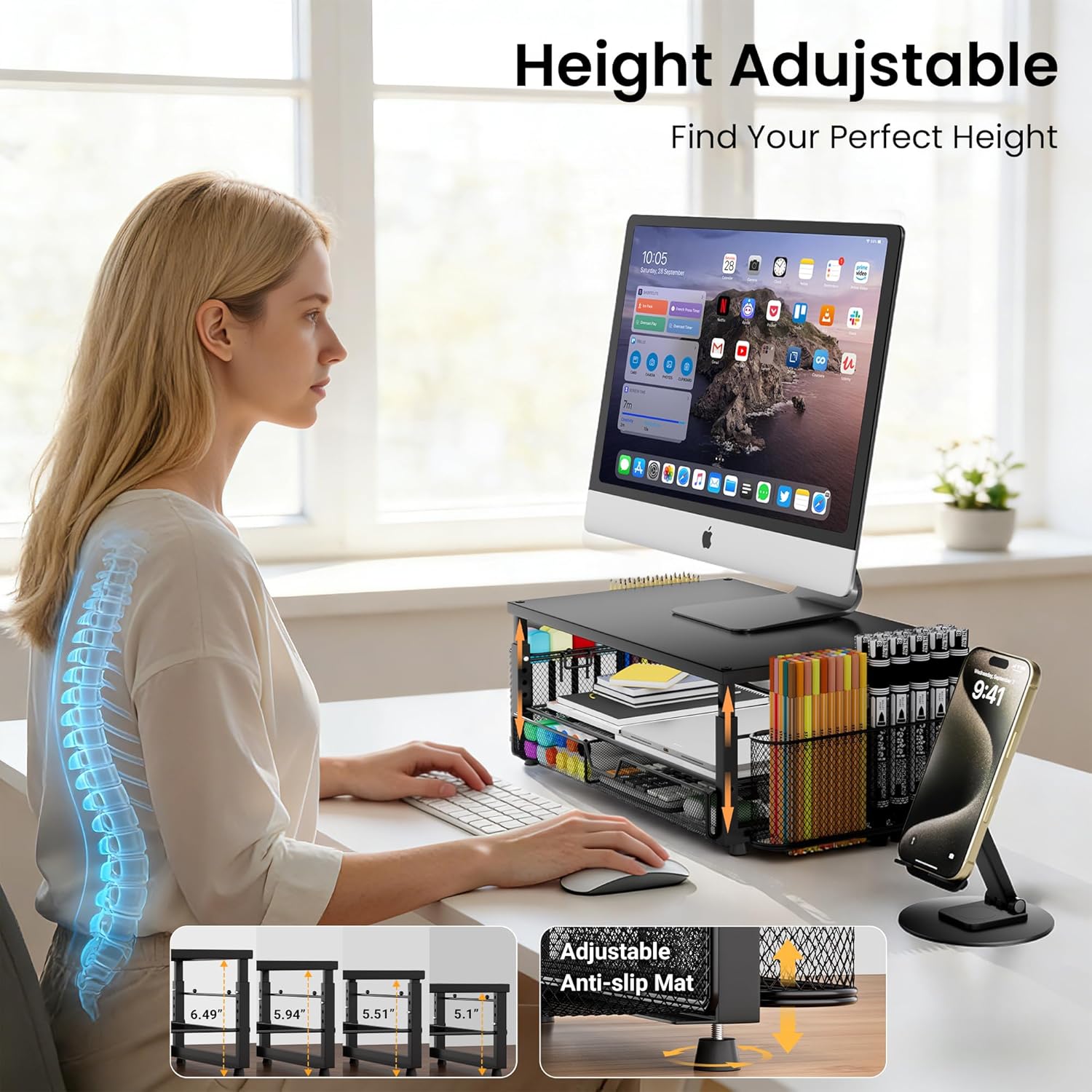 Desk Organizer and Accessories with Cellphone Holder, Height Adjustable 2-Tier Computer Monitor Stand Riser with Drawer and 2 Pen Holders,Office Desk Accessories for Office Supplie thumbnail 5