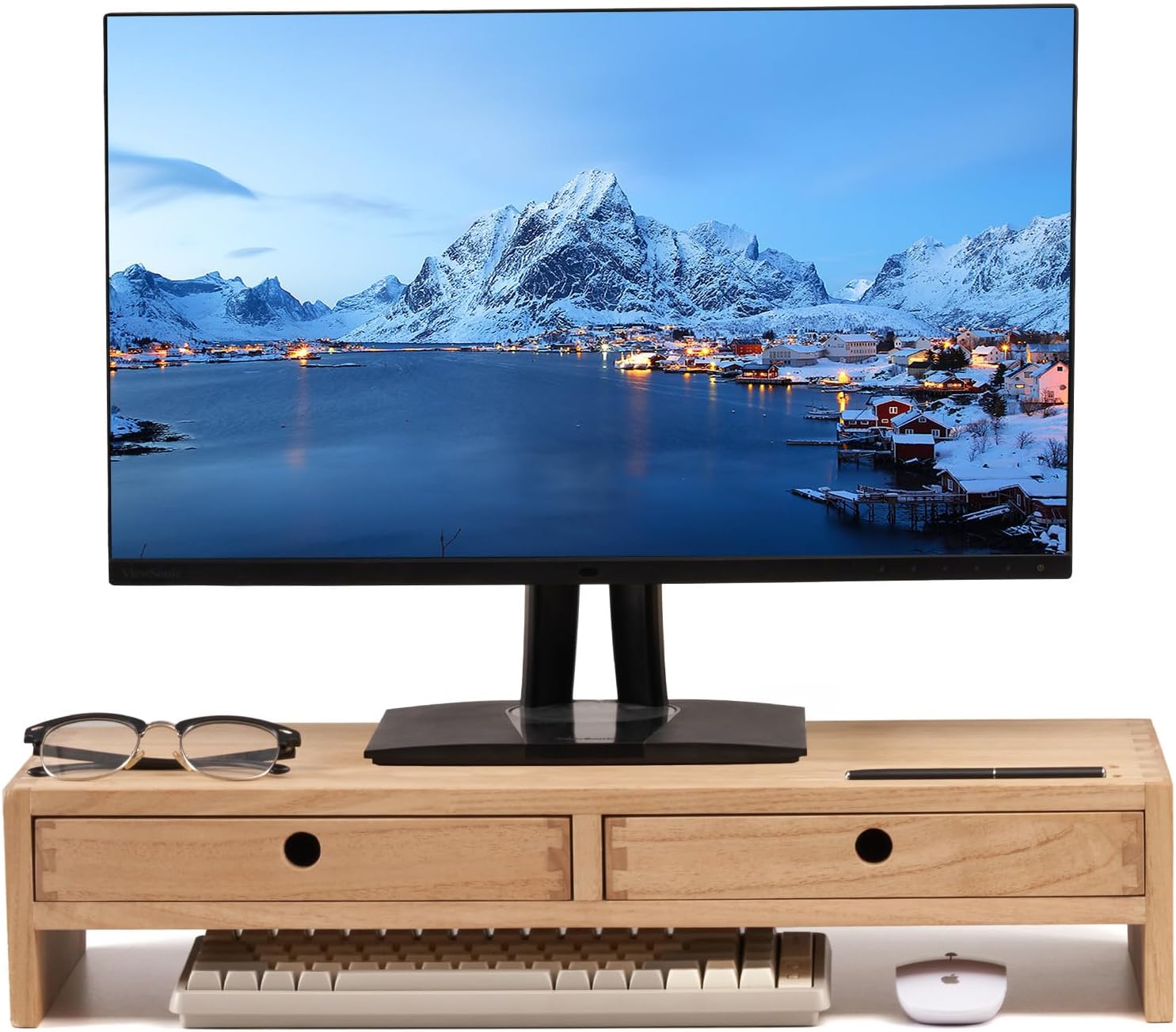 Kirigen Wood Monitor Stand with 2 Drawers - Computer Arm Riser Desk Storage Organizer,Speaker TV Laptop Printer Stand with Pen Slot and Cable Management,2-Tier Desktop Shelf NA-2PM