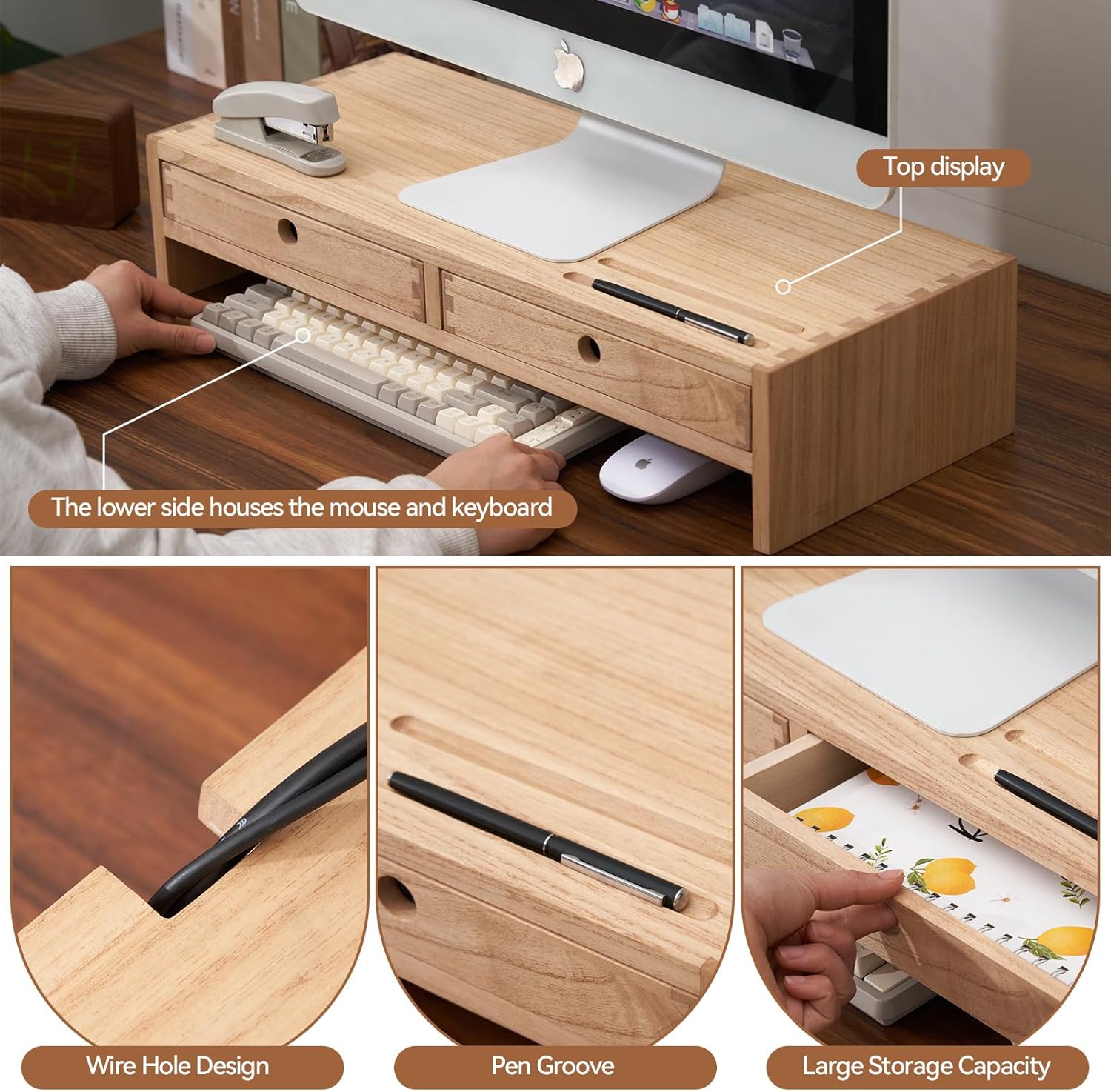 Kirigen Wood Monitor Stand with 2 Drawers - Computer Arm Riser Desk Storage Organizer,Speaker TV Laptop Printer Stand with Pen Slot and Cable Management,2-Tier Desktop Shelf NA-2PM