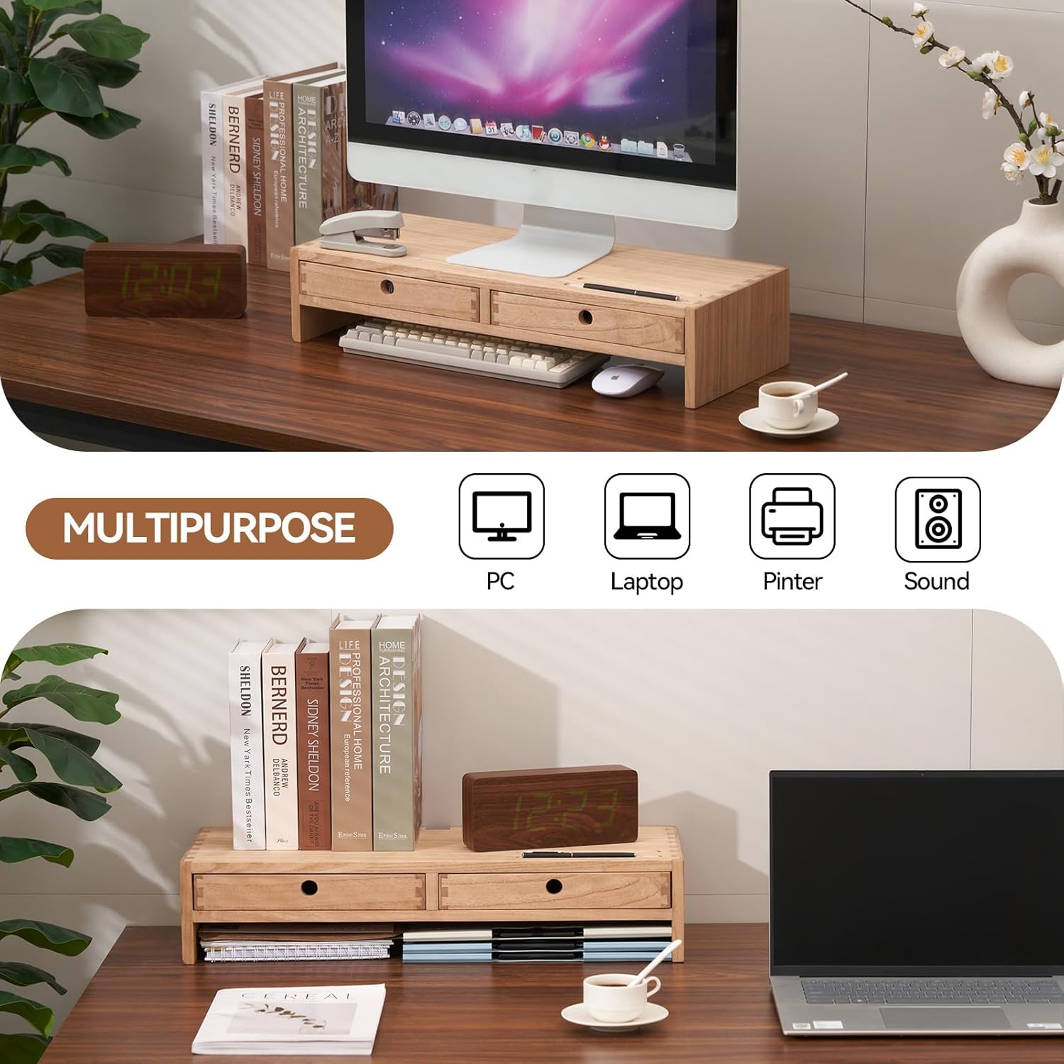 Kirigen Wood Monitor Stand with 2 Drawers - Computer Arm Riser Desk Storage Organizer,Speaker TV Laptop Printer Stand with Pen Slot and Cable Management,2-Tier Desktop Shelf NA-2PM