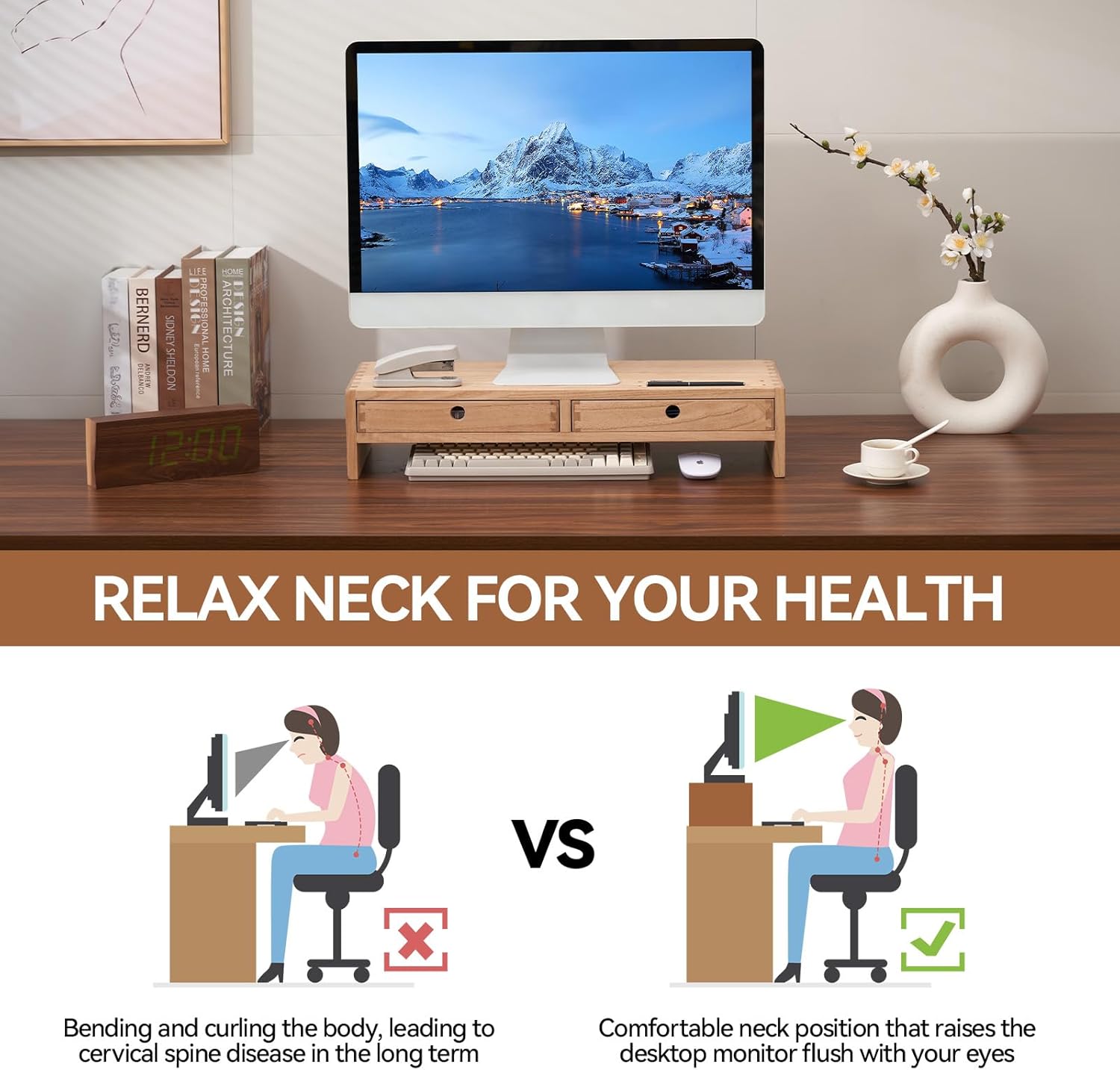 Kirigen Wood Monitor Stand with 2 Drawers - Computer Arm Riser Desk Storage Organizer,Speaker TV Laptop Printer Stand with Pen Slot and Cable Management,2-Tier Desktop Shelf NA-2PM
