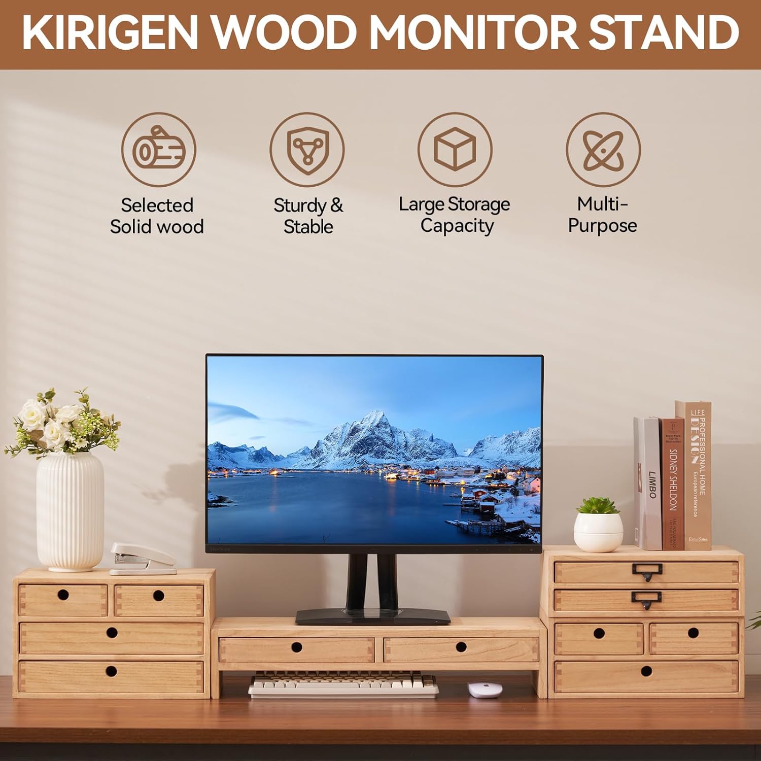 Kirigen Wood Monitor Stand with 2 Drawers - Computer Arm Riser Desk Storage Organizer,Speaker TV Laptop Printer Stand with Pen Slot and Cable Management,2-Tier Desktop Shelf NA-2PM