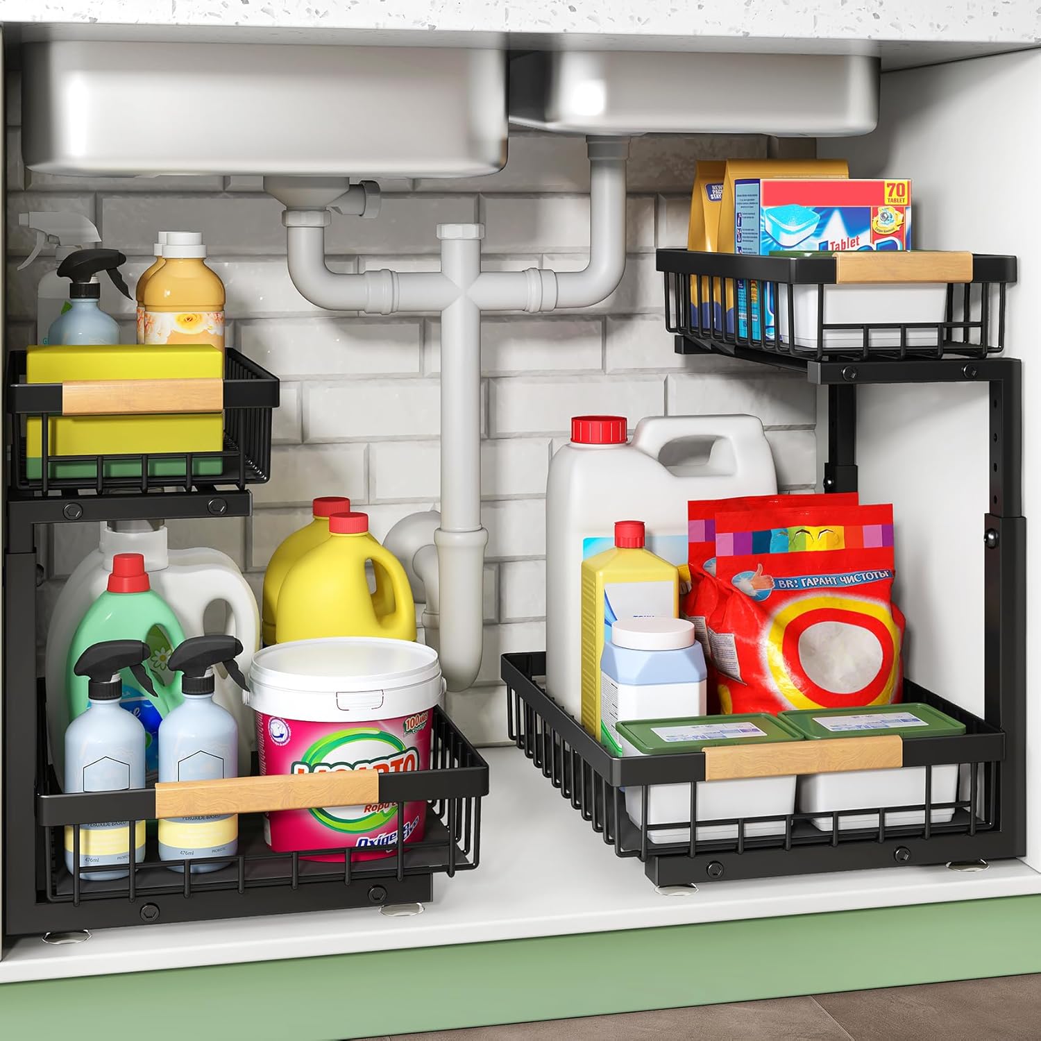 Kitstorack 2 Tier Under Sink Organizer, Slide Out Metal Kitchen Cabinet Organizers Drawer Shelf, Sliding Storage Shelves for Kitchen Bathroom Pantry Cabinet Closet Organization Rac