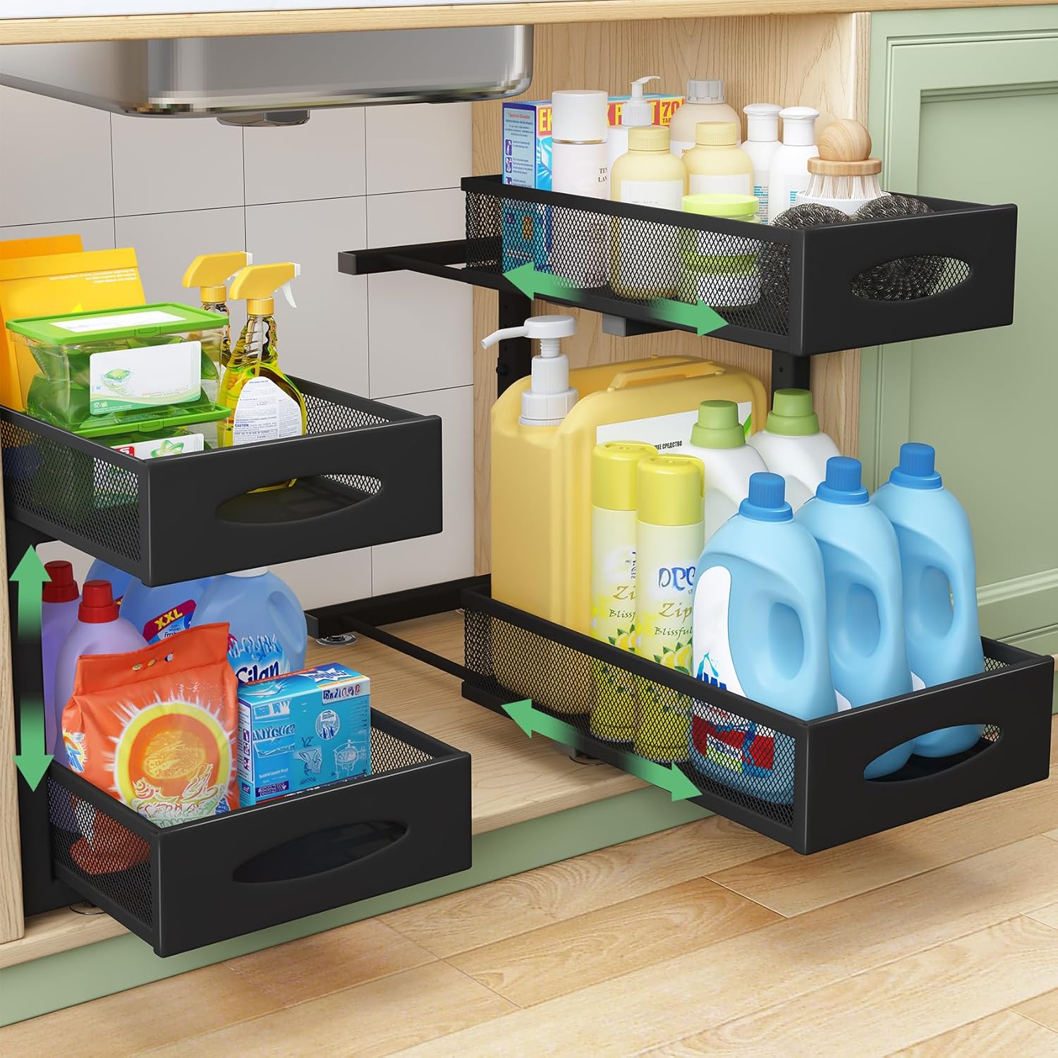 Under Sink Organizer, 2 Tier Pull out Cabinet Organizer Baskets with Mesh Sliding Drawers, Slide out Storage Shelf for Home, Kitchen, Bathroom, Pantry, Office Cabinet, Countertop(1