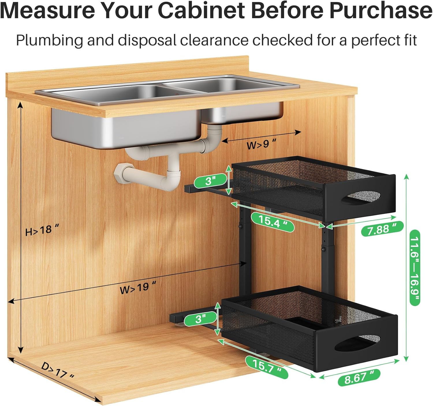 Under Sink Organizer, 2 Tier Pull out Cabinet Organizer Baskets with Mesh Sliding Drawers, Slide out Storage Shelf for Home, Kitchen, Bathroom, Pantry, Office Cabinet, Countertop(1