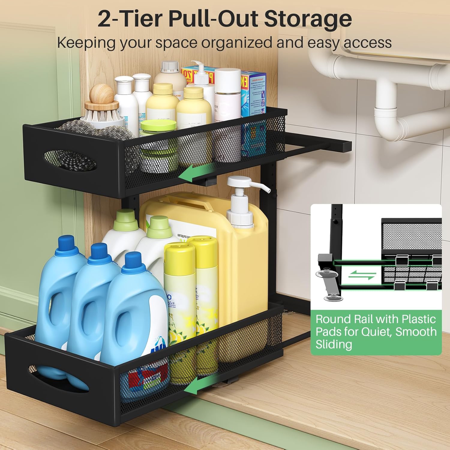 Under Sink Organizer, 2 Tier Pull out Cabinet Organizer Baskets with Mesh Sliding Drawers, Slide out Storage Shelf for Home, Kitchen, Bathroom, Pantry, Office Cabinet, Countertop(1