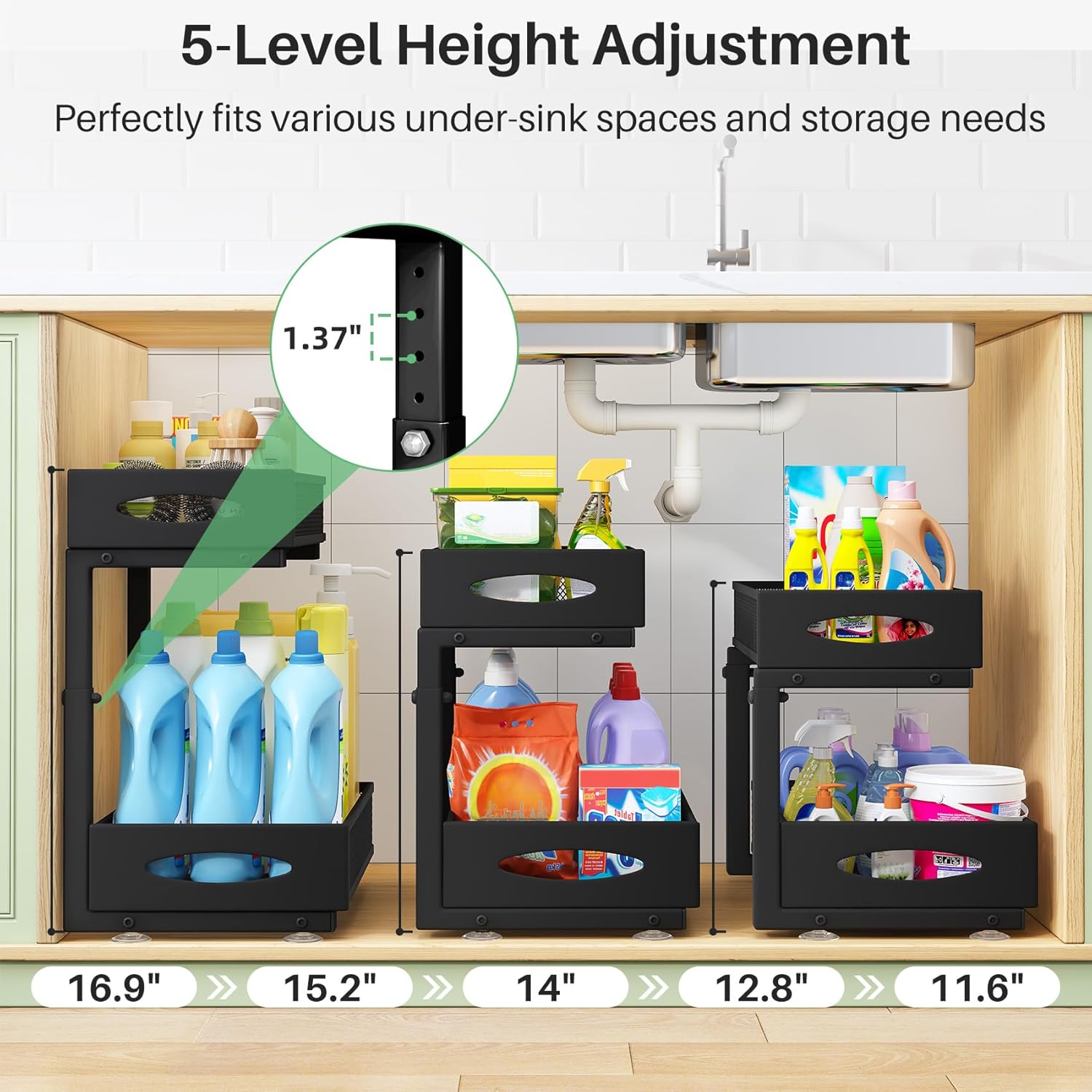 Under Sink Organizer, 2 Tier Pull out Cabinet Organizer Baskets with Mesh Sliding Drawers, Slide out Storage Shelf for Home, Kitchen, Bathroom, Pantry, Office Cabinet, Countertop(1