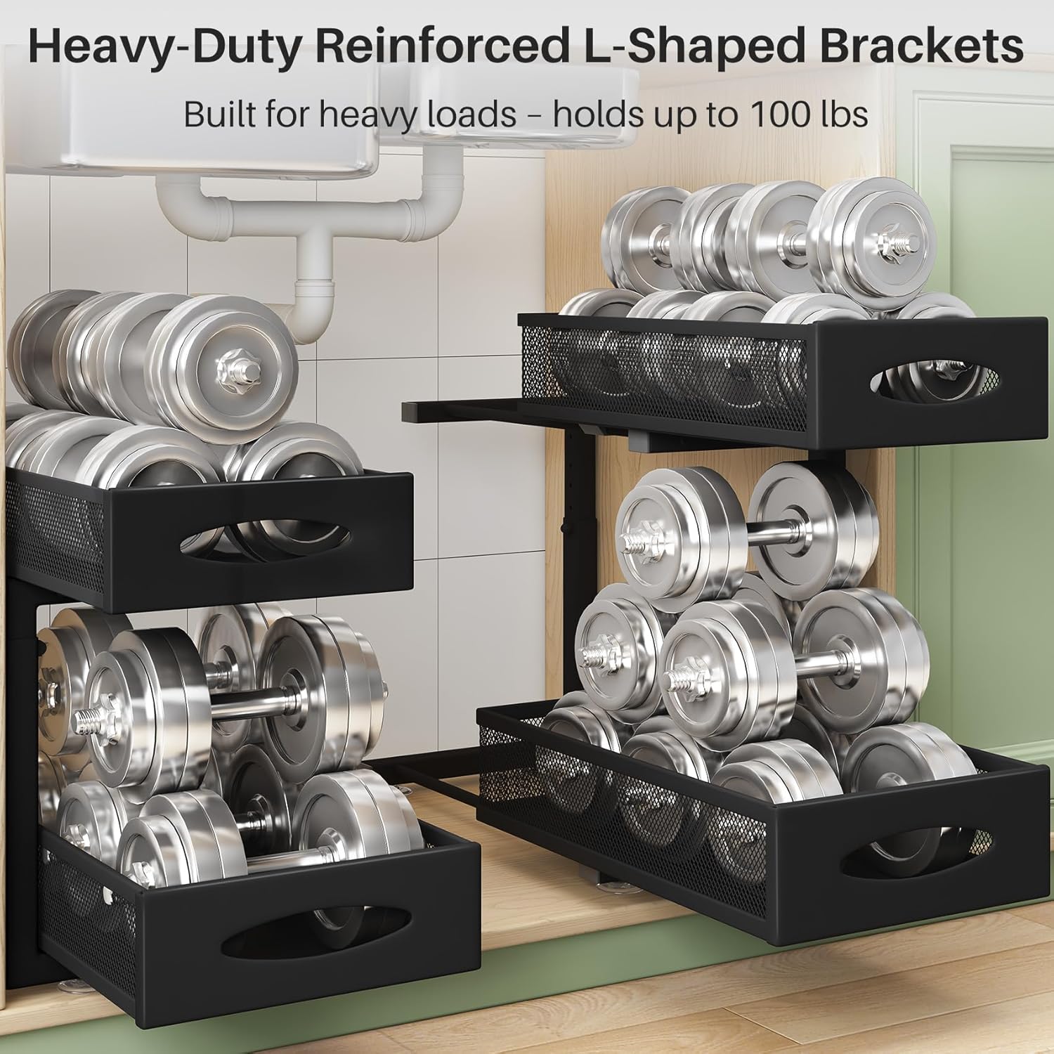 Under Sink Organizer, 2 Tier Pull out Cabinet Organizer Baskets with Mesh Sliding Drawers, Slide out Storage Shelf for Home, Kitchen, Bathroom, Pantry, Office Cabinet, Countertop(1
