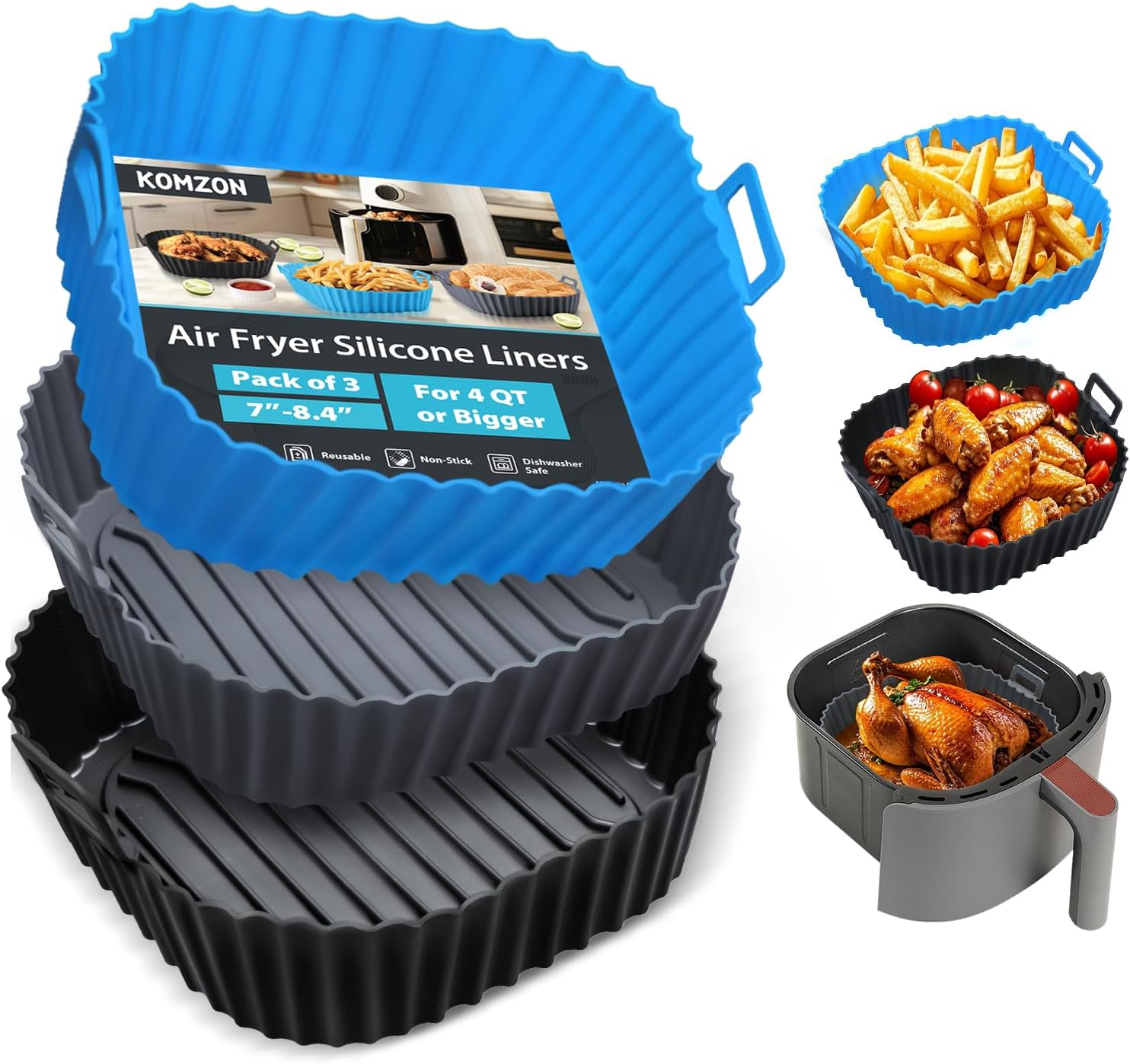 Silicone Air Fryer Liners Reusable 3 PCS, Airfryer Liners, Silicone Air Fryer Basket Liners Square, Food Grade Air Fryer Accessories 4-7 QT, Ktchen Gadgets for Pot Oven Liner Bakin