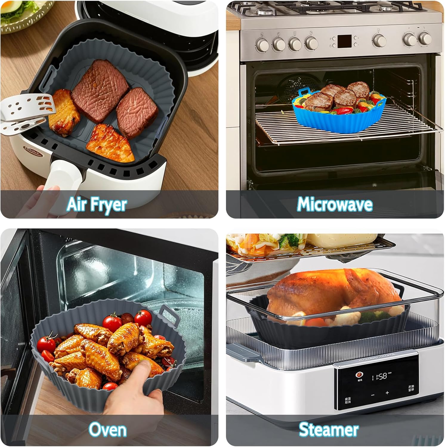 Silicone Air Fryer Liners Reusable 3 PCS, Airfryer Liners, Silicone Air Fryer Basket Liners Square, Food Grade Air Fryer Accessories 4-7 QT, Ktchen Gadgets for Pot Oven Liner Bakin