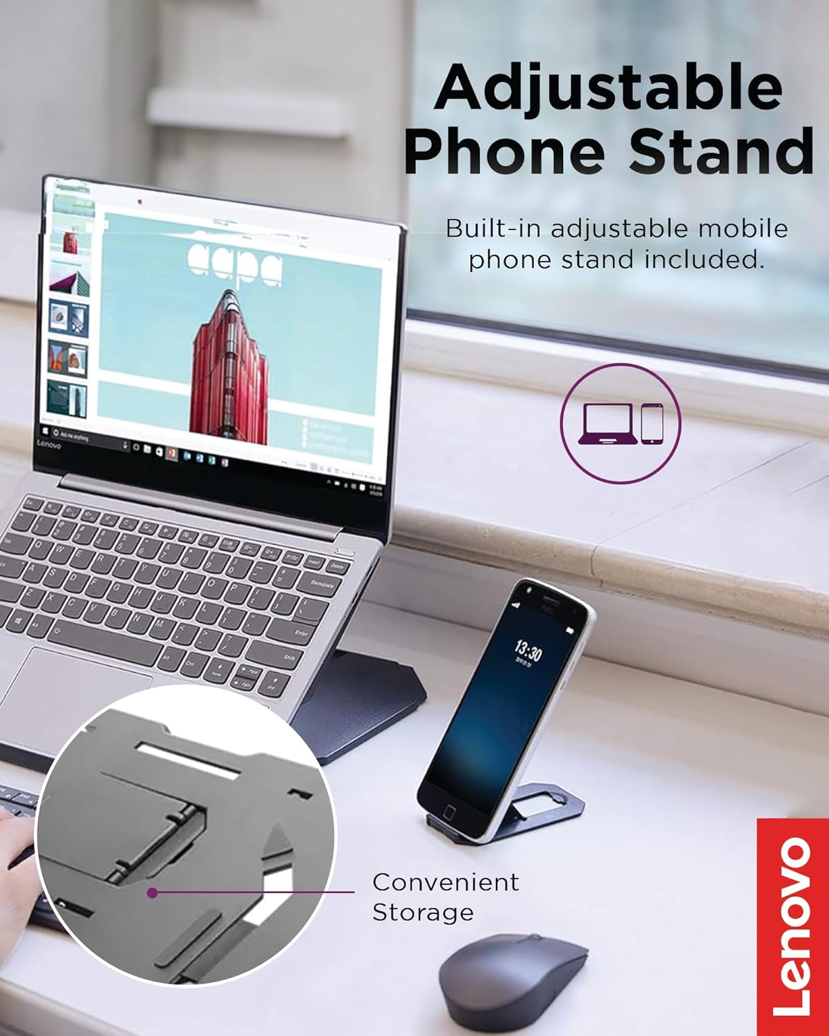 Lenovo 2-in-1 Laptop Stand, Ergonomic, 10 Adjustable Tilt Angles, Ventilated, Non-Slip, Portable, GXF0X02619, Black