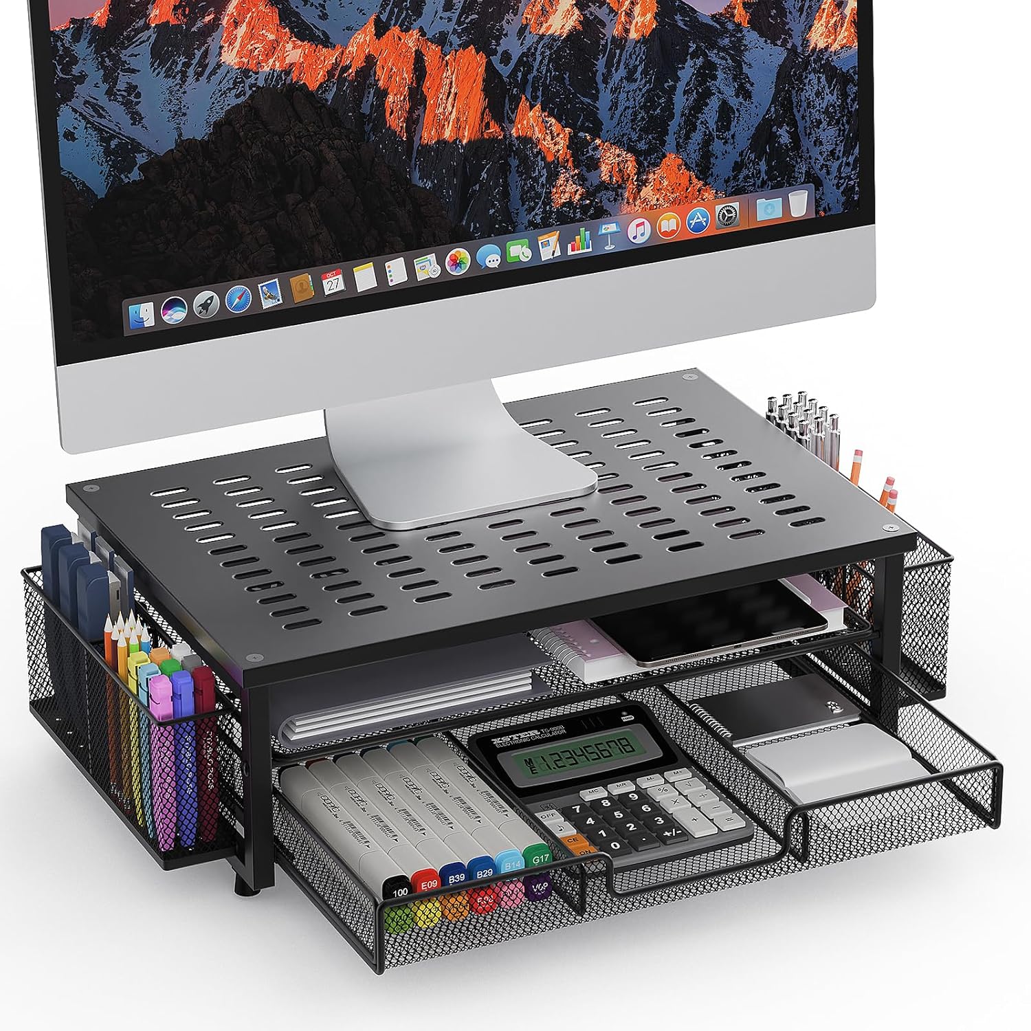 Metal Monitor Stand Riser with Heat Dissipation Holes, 2-Tier Computer Desk Organizer with Drawer & Pen Holders for Laptop, iMac, PC (Black) thumbnail 1