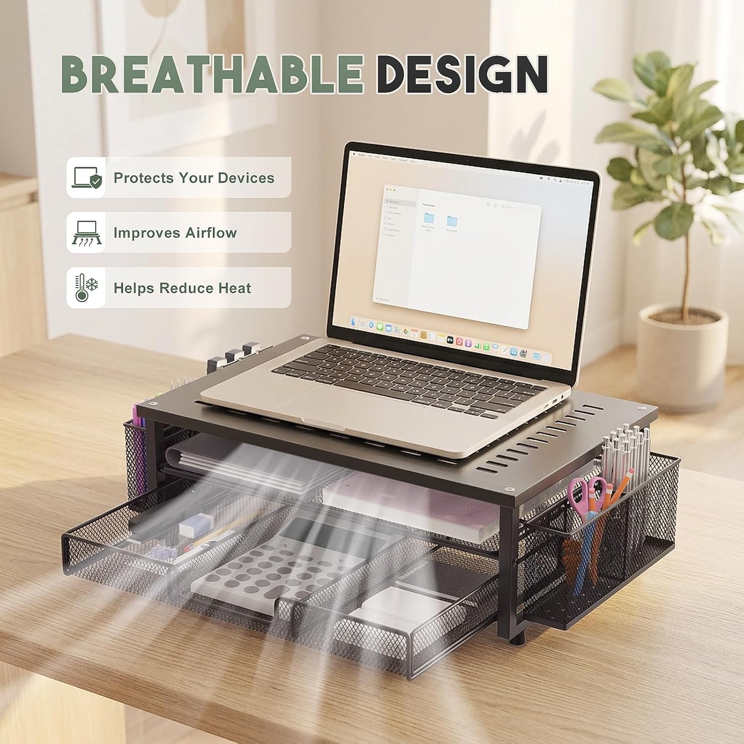 Metal Monitor Stand Riser with Heat Dissipation Holes, 2-Tier Computer Desk Organizer with Drawer & Pen Holders for Laptop, iMac, PC (Black) thumbnail 2