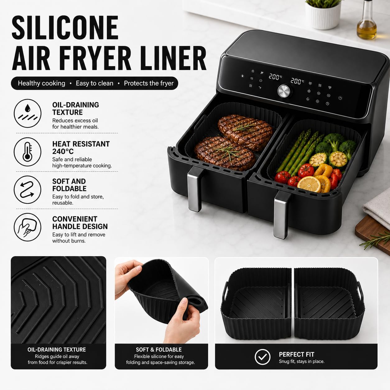 Air Fryer Silicone Liners for Ninja Foodi 11 Quart/Topzee11-QT Large XL MegaZone FlexBasket AD600CO for Ninja Foodi Flexdrawer AF500UK AF500UKCP,Air Fryer Accessories Reusable Sili thumbnail 3