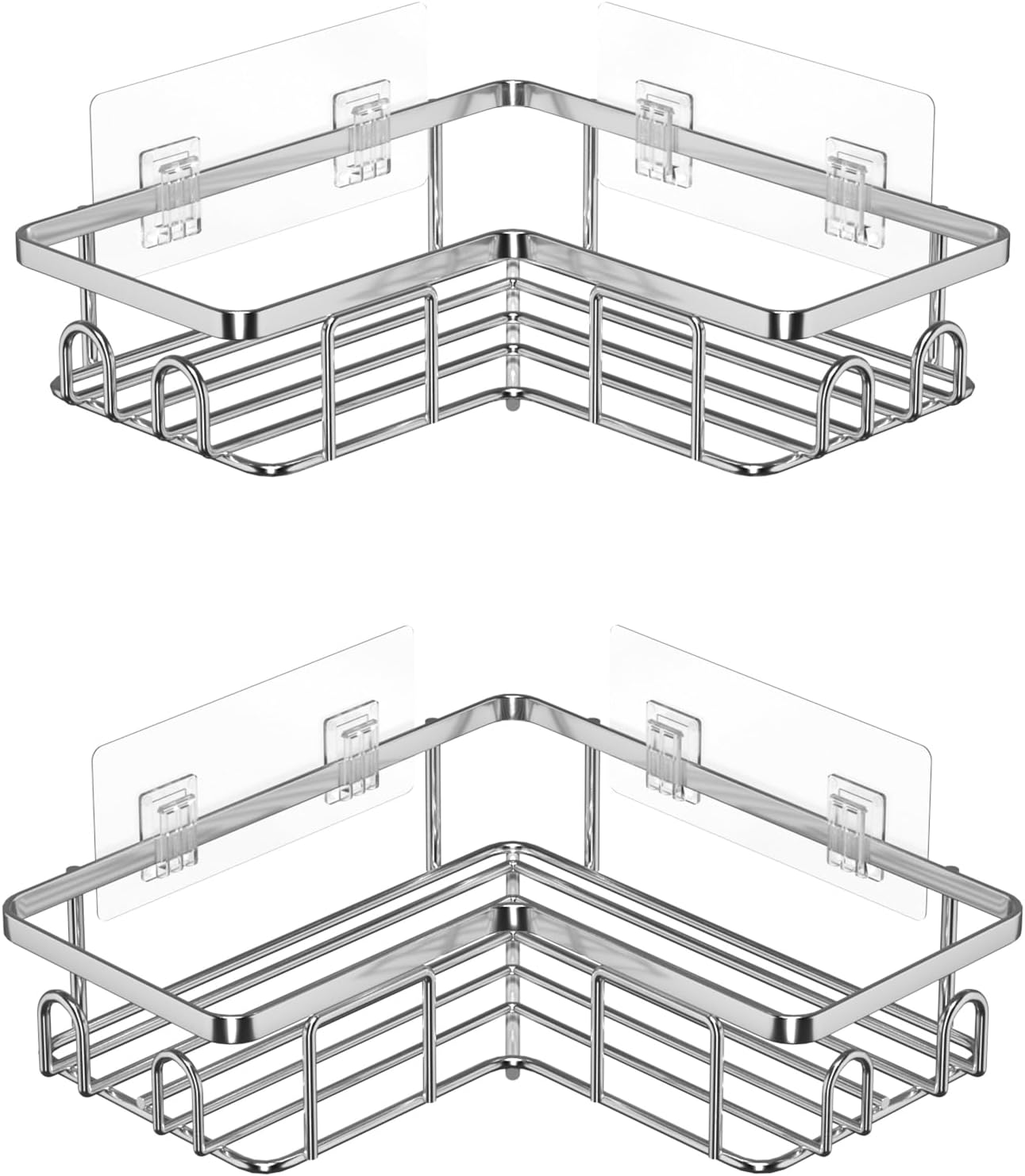 LOOBOV Shower Caddy Corner, Stainless Steel Shower Shelves, Bathroom Caddy No Drilling, Bathroom Organizers/Storage with Hooks (2 Pack- Silver)
