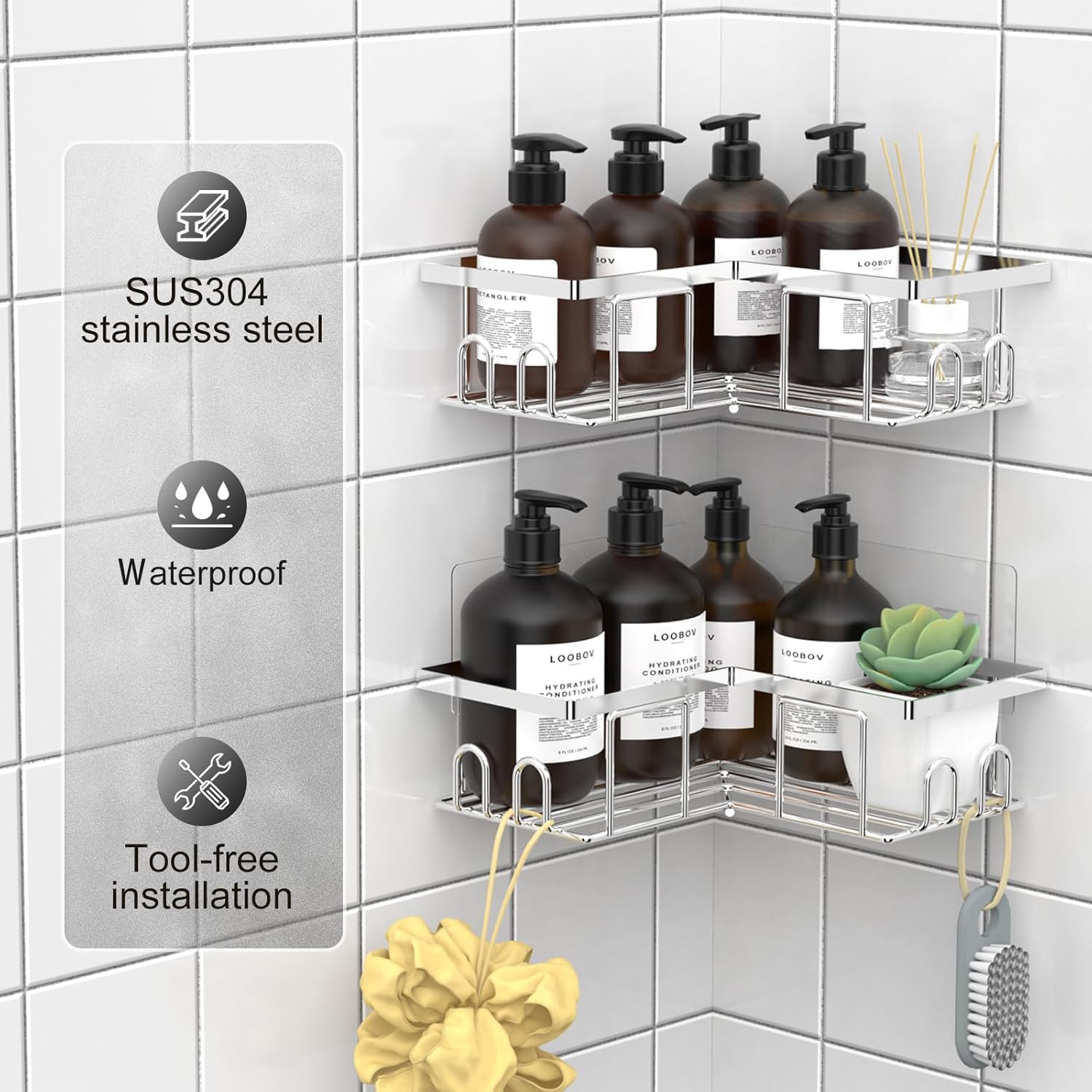 LOOBOV Shower Caddy Corner, Stainless Steel Shower Shelves, Bathroom Caddy No Drilling, Bathroom Organizers/Storage with Hooks (2 Pack- Silver)