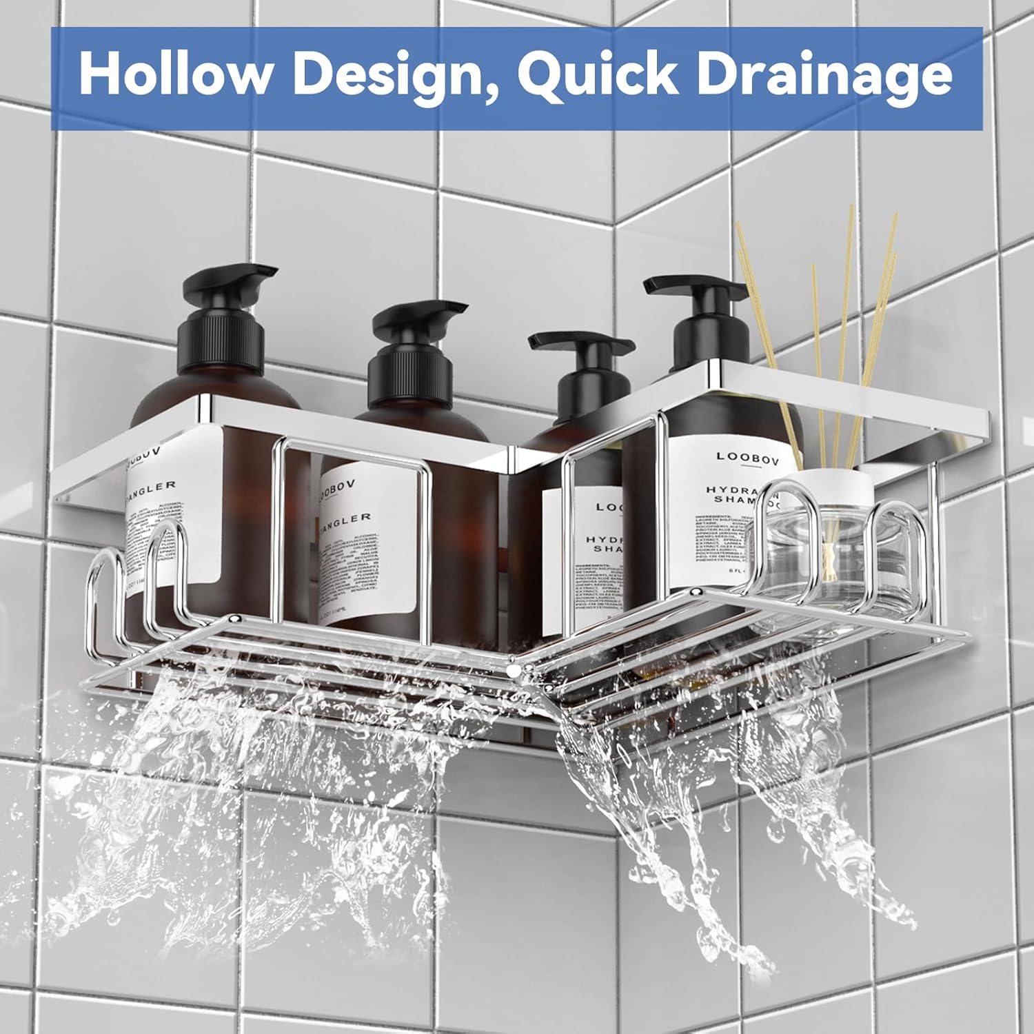 LOOBOV Shower Caddy Corner, Stainless Steel Shower Shelves, Bathroom Caddy No Drilling, Bathroom Organizers/Storage with Hooks (2 Pack- Silver)