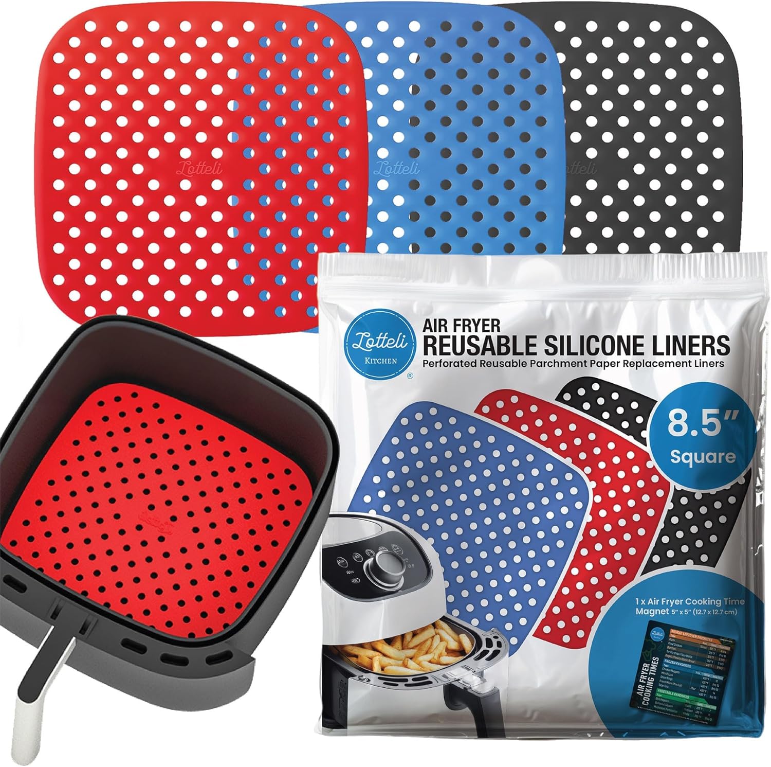Reusable Air Fryer Liners 3 Pack for 5QT or Bigger - 8.5" Square Silicone Airfryer Liner - Easy to Clean Air Fryer Accessories - Durable Dishwasher Safe Non-Stick Parchment Paper R
