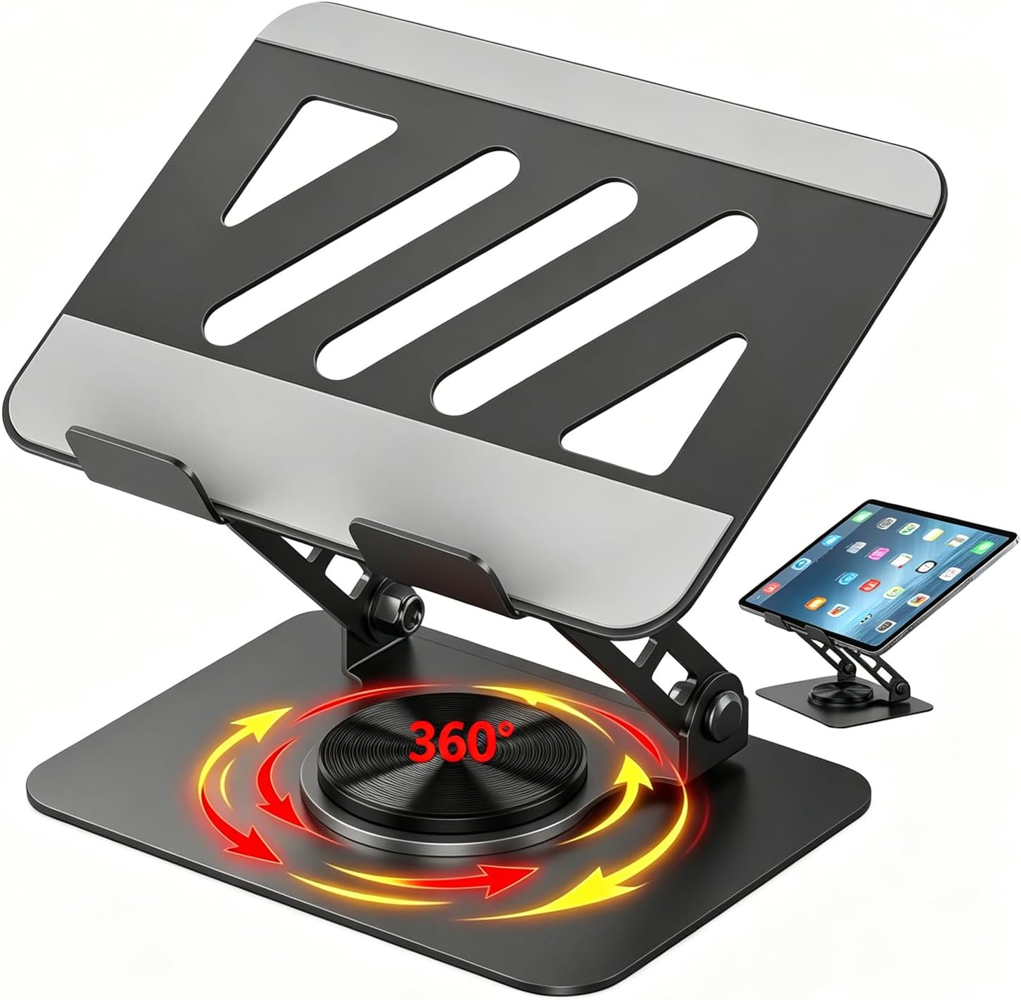 360° Rotatable Aluminum Tablet Book Stand, Foldable Height Angle Adjustable Ergonomic Desk Riser, Ventilated Cooling Holder with Anti-Slip Silicone Pads, for Home Office Study