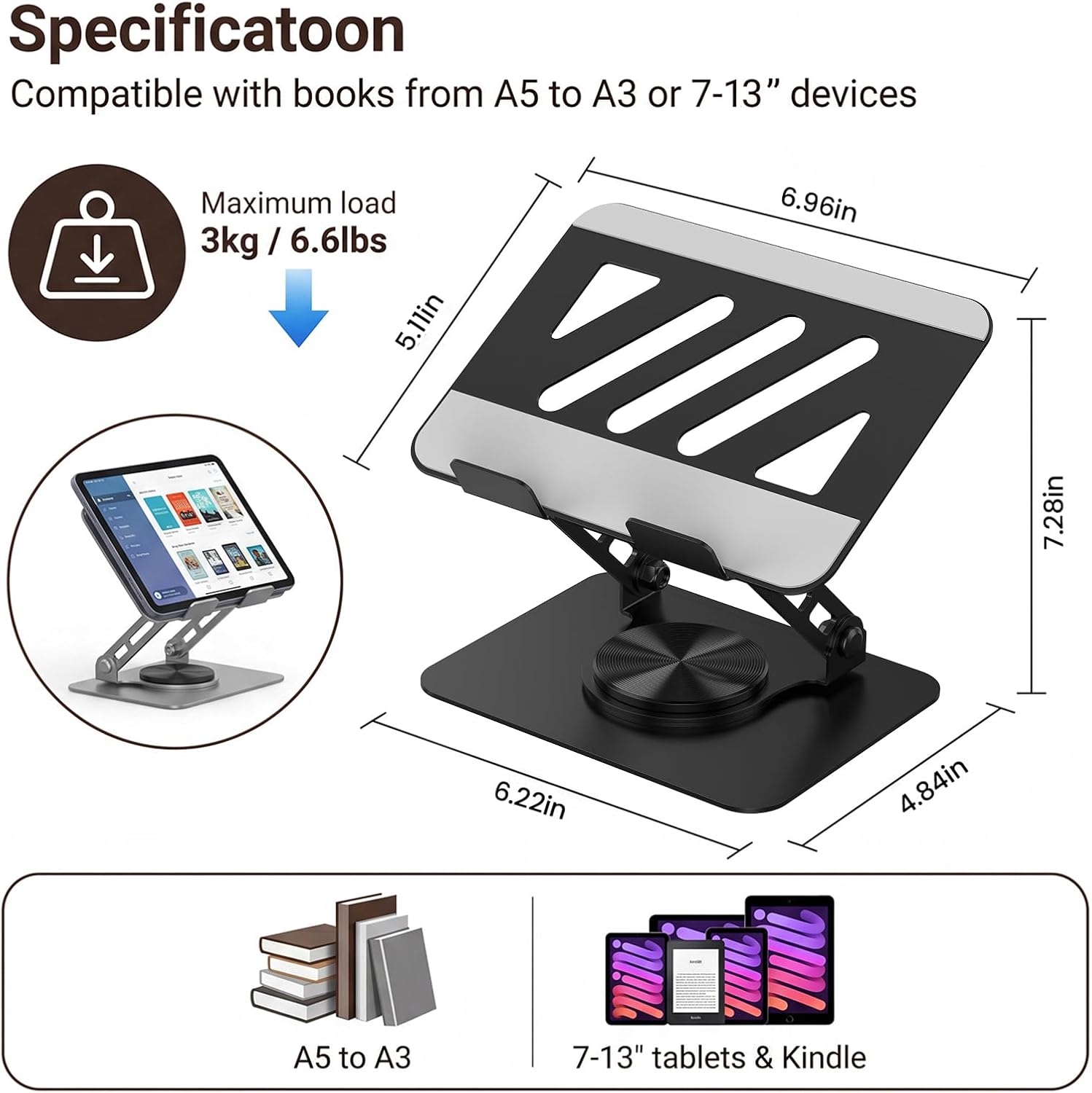 360° Rotatable Aluminum Tablet Book Stand, Foldable Height Angle Adjustable Ergonomic Desk Riser, Ventilated Cooling Holder with Anti-Slip Silicone Pads, for Home Office Study