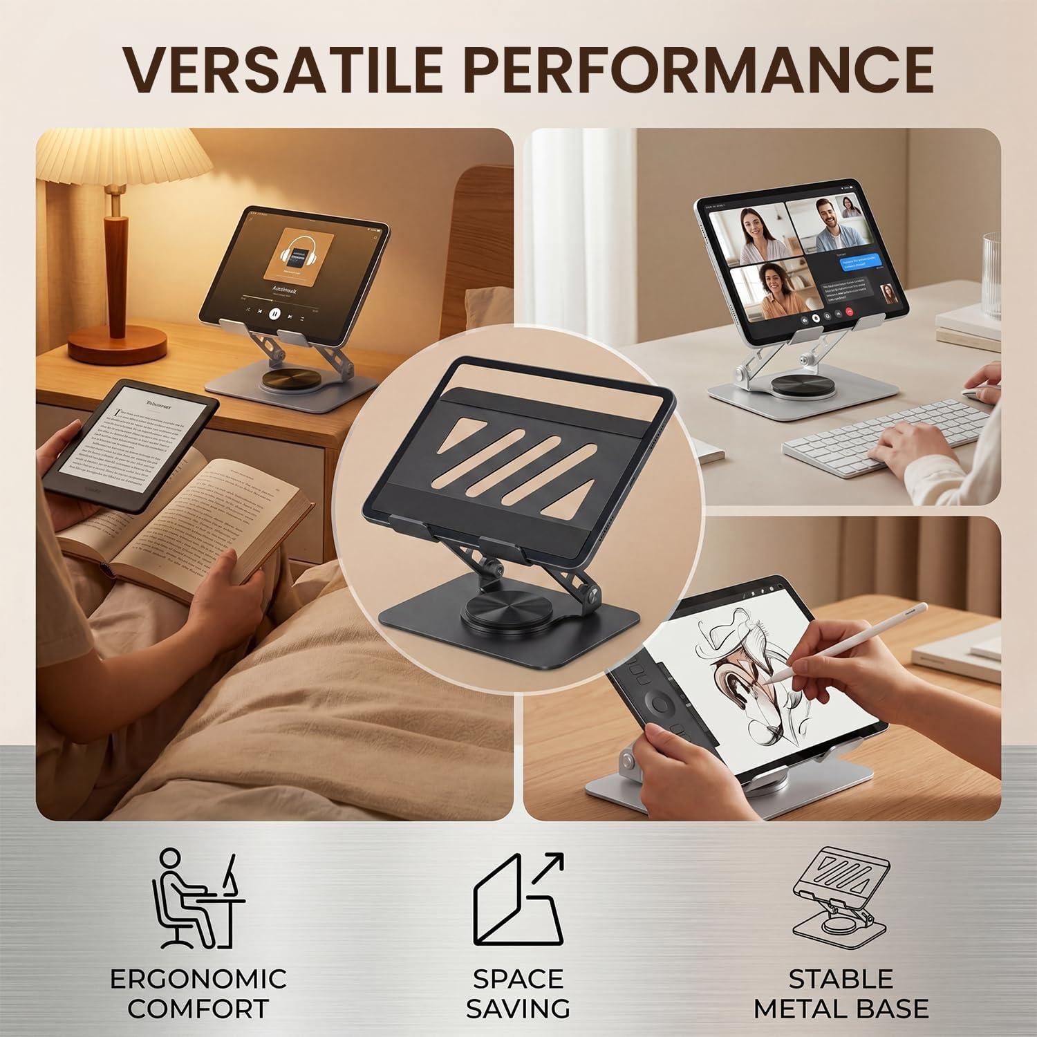 360° Rotatable Aluminum Tablet Book Stand, Foldable Height Angle Adjustable Ergonomic Desk Riser, Ventilated Cooling Holder with Anti-Slip Silicone Pads, for Home Office Study