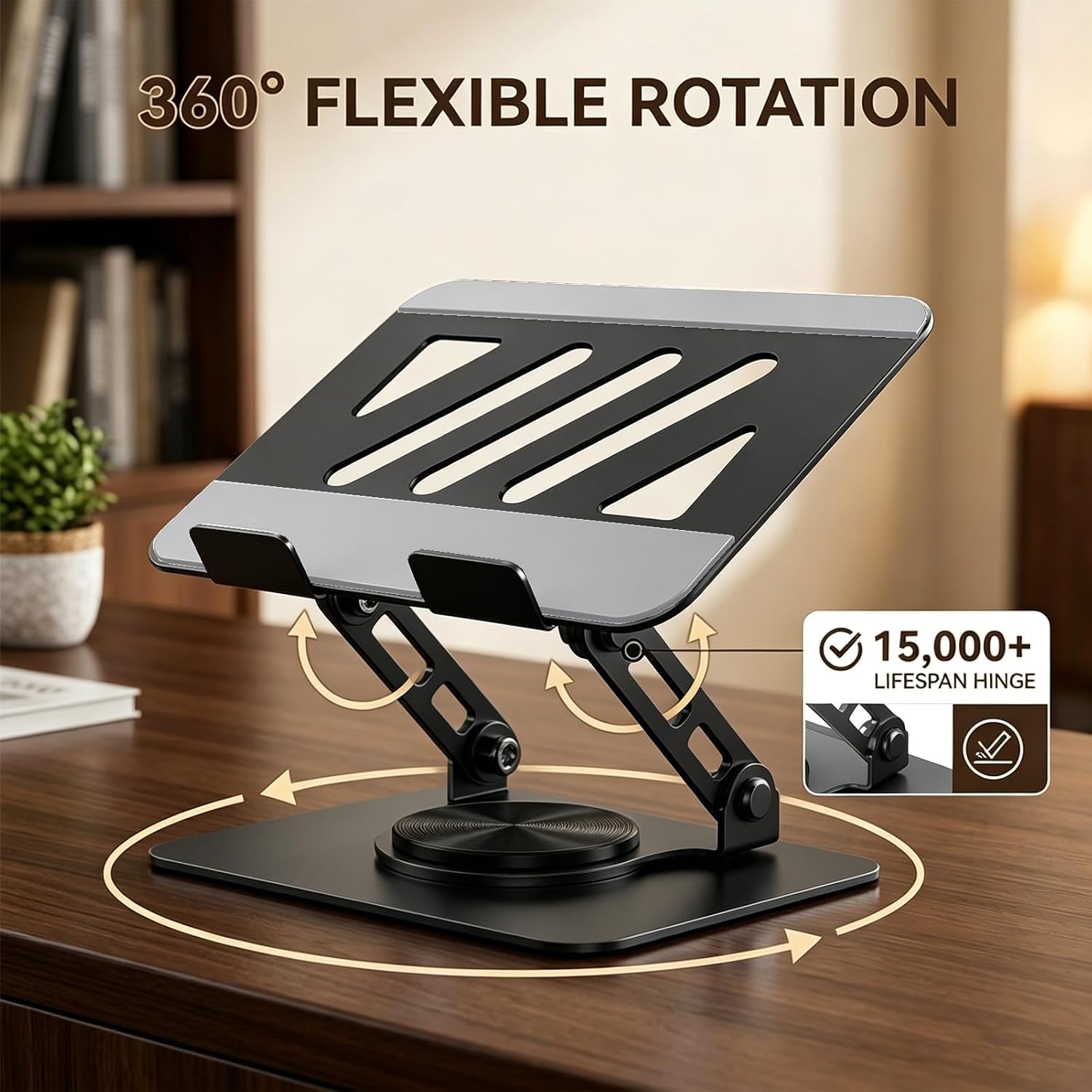 360° Rotatable Aluminum Tablet Book Stand, Foldable Height Angle Adjustable Ergonomic Desk Riser, Ventilated Cooling Holder with Anti-Slip Silicone Pads, for Home Office Study