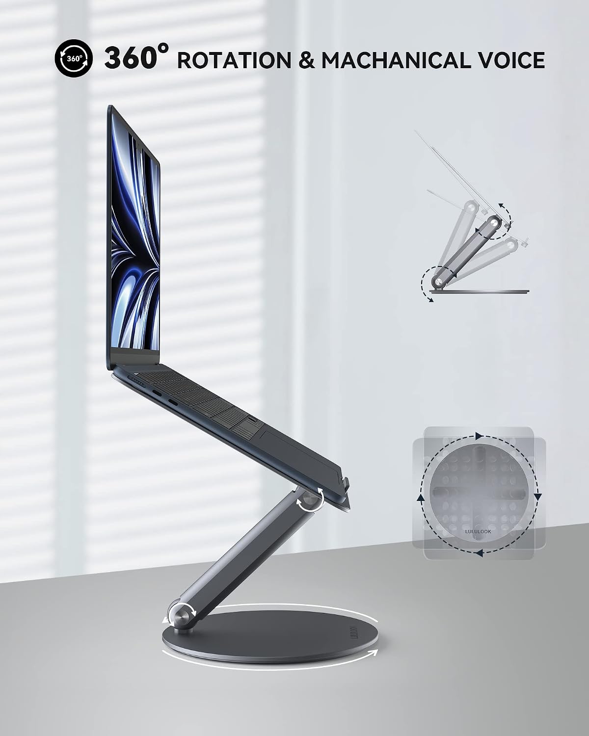 LULULOOK Laptop Stand, Foldable Laptop Stand with 360 Rotating Base, 360° Swivel Adjustable Aluminum Ergonomic Computer Stand for Desk Compatible with MacBook Pro/Air, Dell, Laptop thumbnail 2