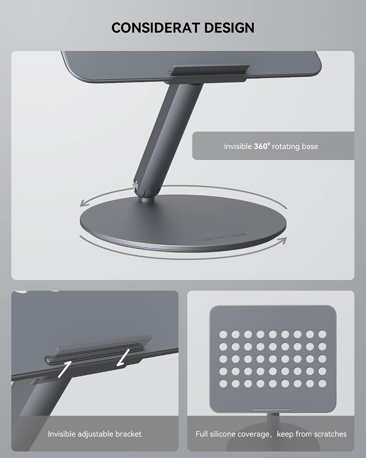 LULULOOK Laptop Stand, Foldable Laptop Stand with 360 Rotating Base, 360° Swivel Adjustable Aluminum Ergonomic Computer Stand for Desk Compatible with MacBook Pro/Air, Dell, Laptop thumbnail 4