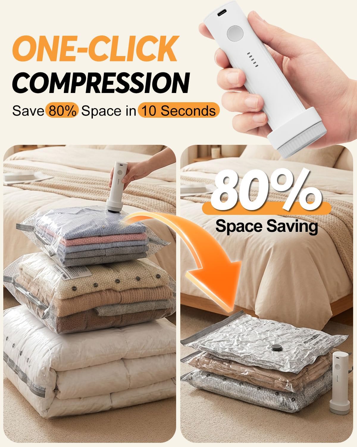 Travel Vacuum Bags with Cordless Pump, Vacuum Bags for Travel, Vacuum Sealer Bags for Clothes, Space Saver Vacuum Storage Bags for Luggage, Reusable Vacuum Packing Bags for Clothin