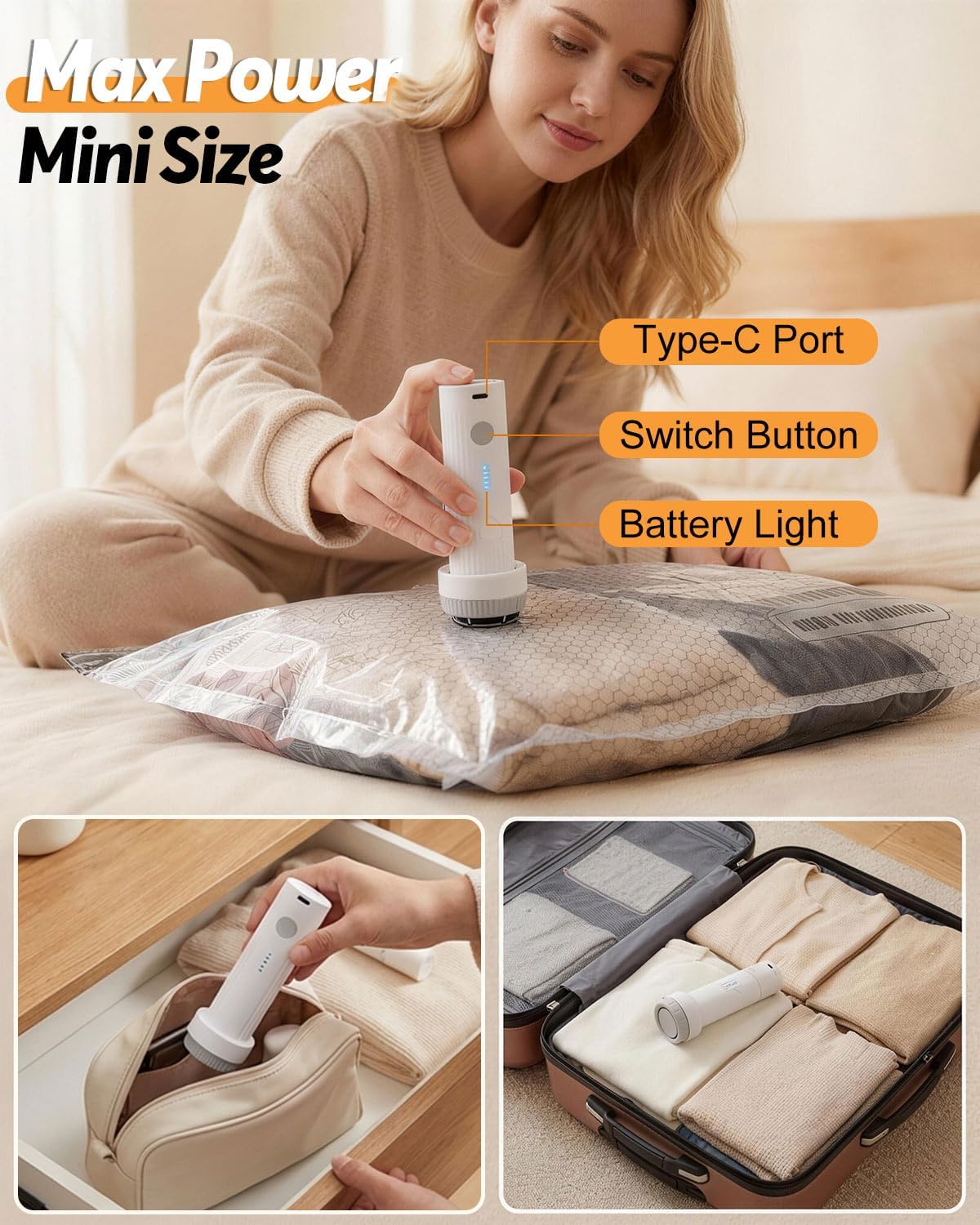 Travel Vacuum Bags with Cordless Pump, Vacuum Bags for Travel, Vacuum Sealer Bags for Clothes, Space Saver Vacuum Storage Bags for Luggage, Reusable Vacuum Packing Bags for Clothin